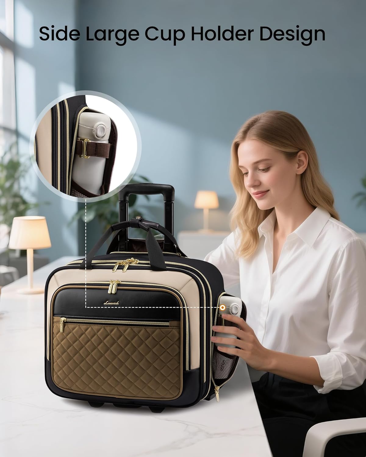 LOVEVOOK Rolling Laptop Bag Women, 17.3 Inch Laptop Briefcase with Wheels, Soft Sided Underseat Carry On Luggage Personal Item Suitcase for Work Travel Business, Black Brown Beige