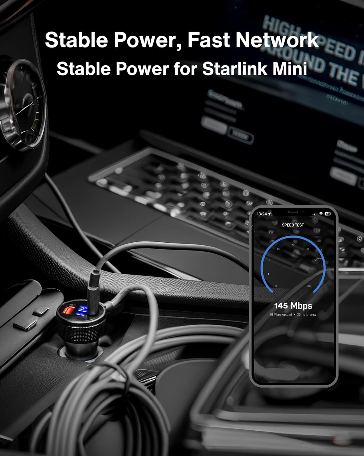 Car Charger Cable for Starlink Mini 16.5FT/5M with Display - 60W DC + 33W Dual USB-C/USB-A Power Adapter for Trucks, RVs & Boats, 12-24V Aluminum 18AWG Cord with Real-Time Voltage Monitoring