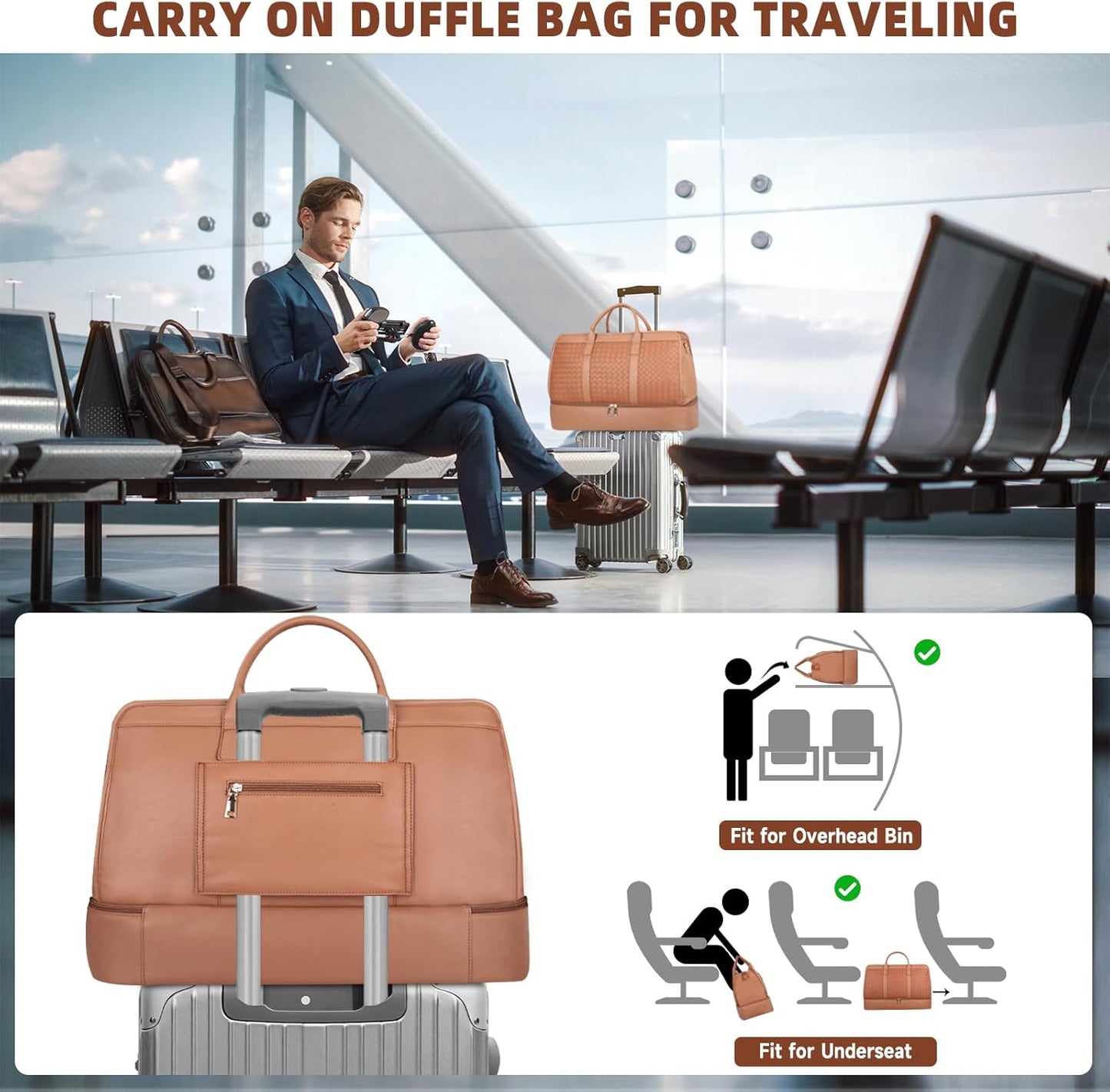 Bolosta Travel Duffle Bag for Men Women, PU Leather Duffel Bag for Traveling, Large Carry on Weekender Overnight Bag with Shoe Compartment, Perfect for Travel/Daily Use