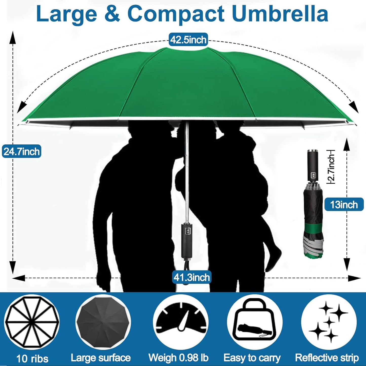 Travel Umbrella for Rain, Automatic Folding Windproof Umbrella with Case - Compact Reverse with 360° Reflective Stripe, Light & Portable Durable for Women & Men
