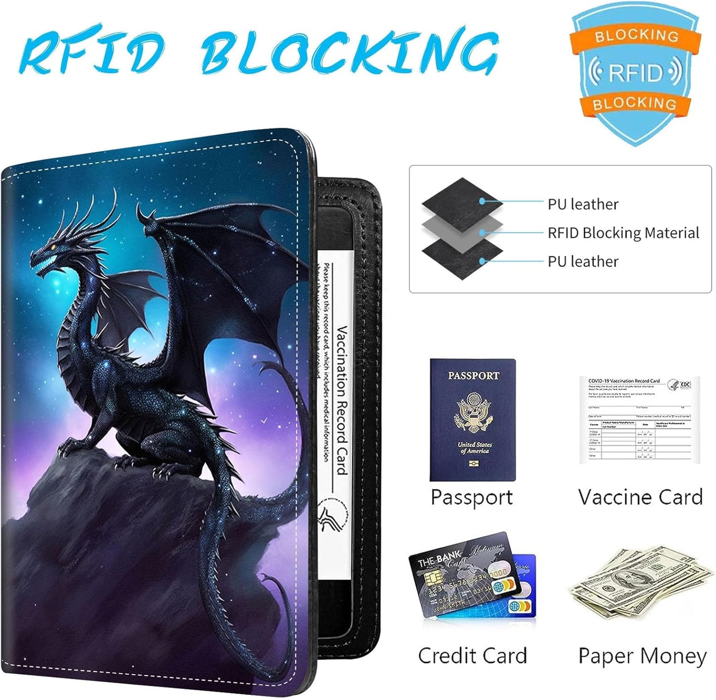 Passport Holder Cover Wallet Travel Essentials RFID Blocking Case Leather Passport Cover Wallet Vaccine Card Slot Organizer for Men Women, Dragon