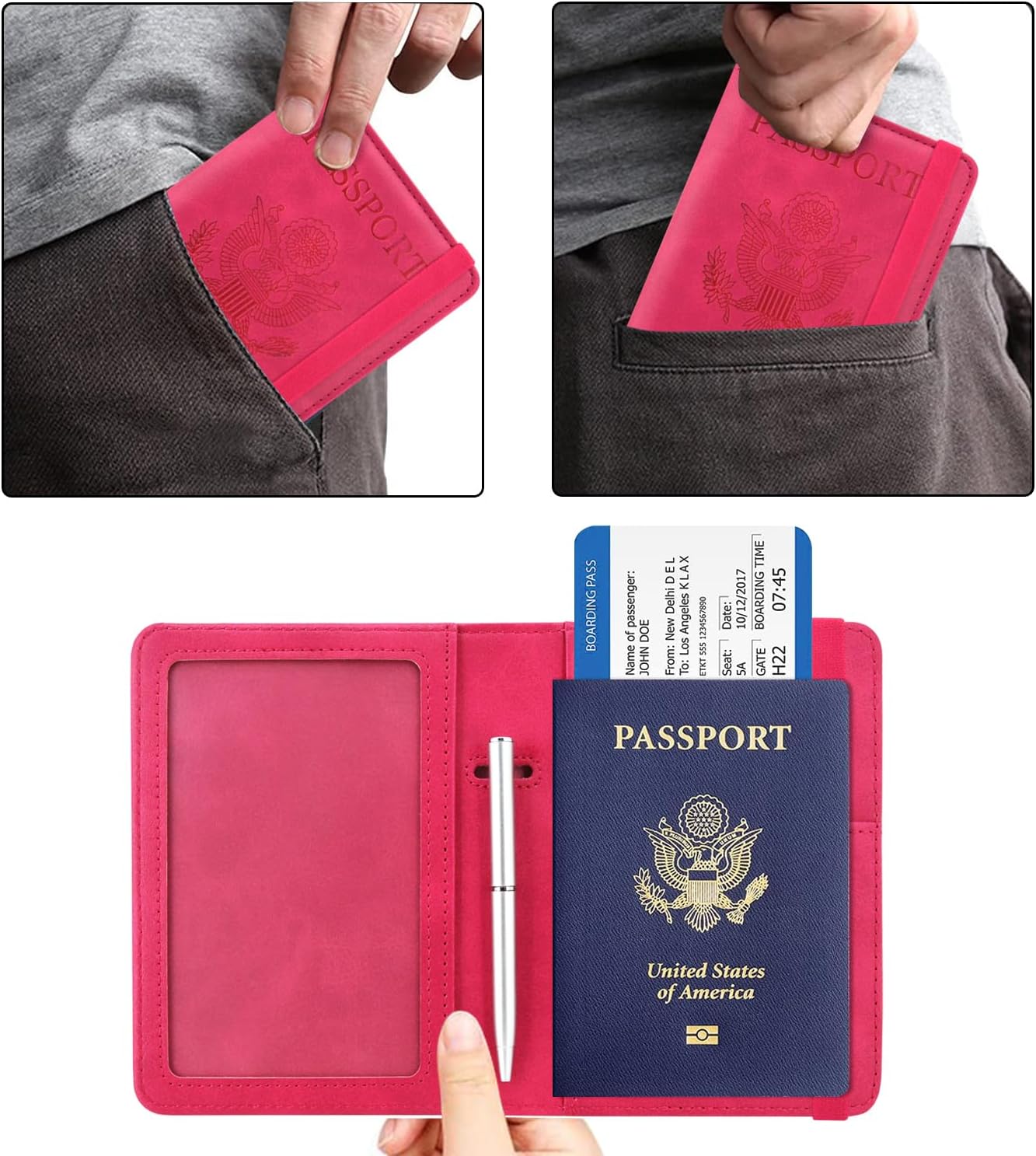 ACdream RFID BLOCKING Passport Holder Travel Wallet - Premium PU Leather Cover Passport book with Card Holder, Pen Slot, Keep Organization, and Travel Essentials for Women and Men,Hot Pink
