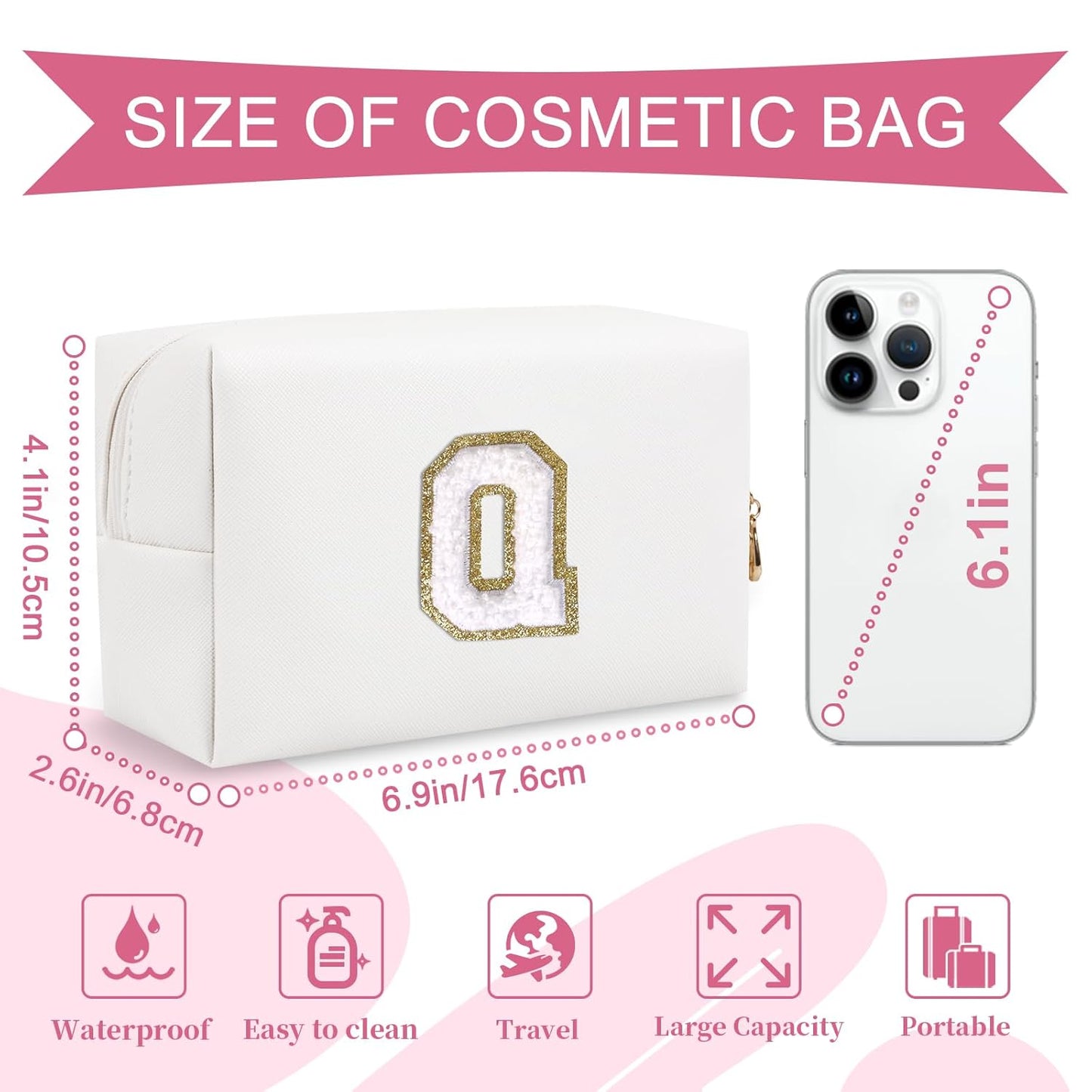 Small Personalized Initial A-Z Preppy Patch Makeup Bag,White PU Chenille Letter Travel Cosmetic Pouch with Zipper,Cute Toiletry Bag,Gift Ideal for Teen Girls Women Teacher Bridesmaid,Letter Q