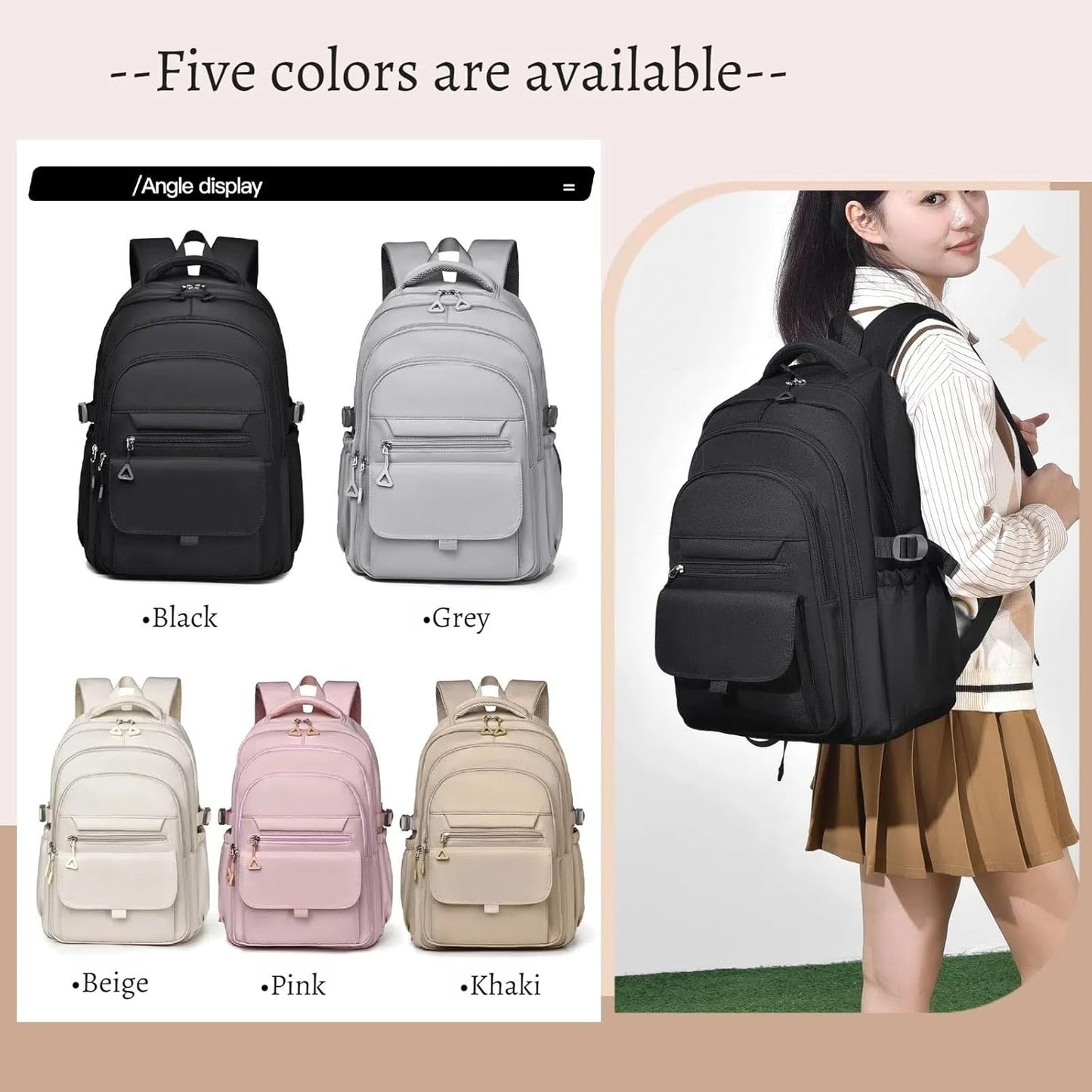 Backpack for Girls, Solid-Color School Backpack for Boys Kids, Aesthetic Girls Bookbag for Elementary School Travel Daypack,Khaki