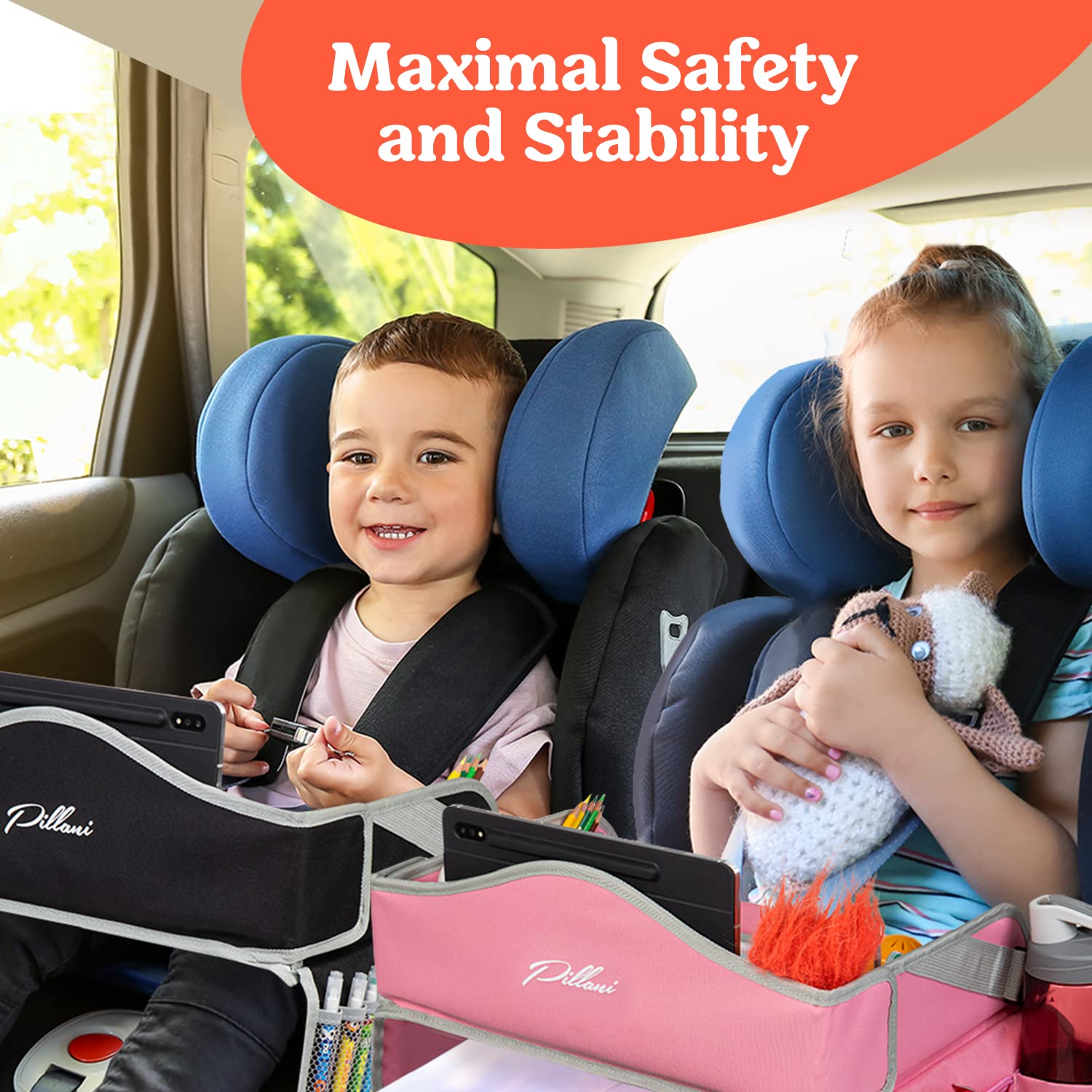 PILLANI Kids Travel Tray for Car - Car Seat Tray with Activity Sheets & Pens, Road Trip Essentials