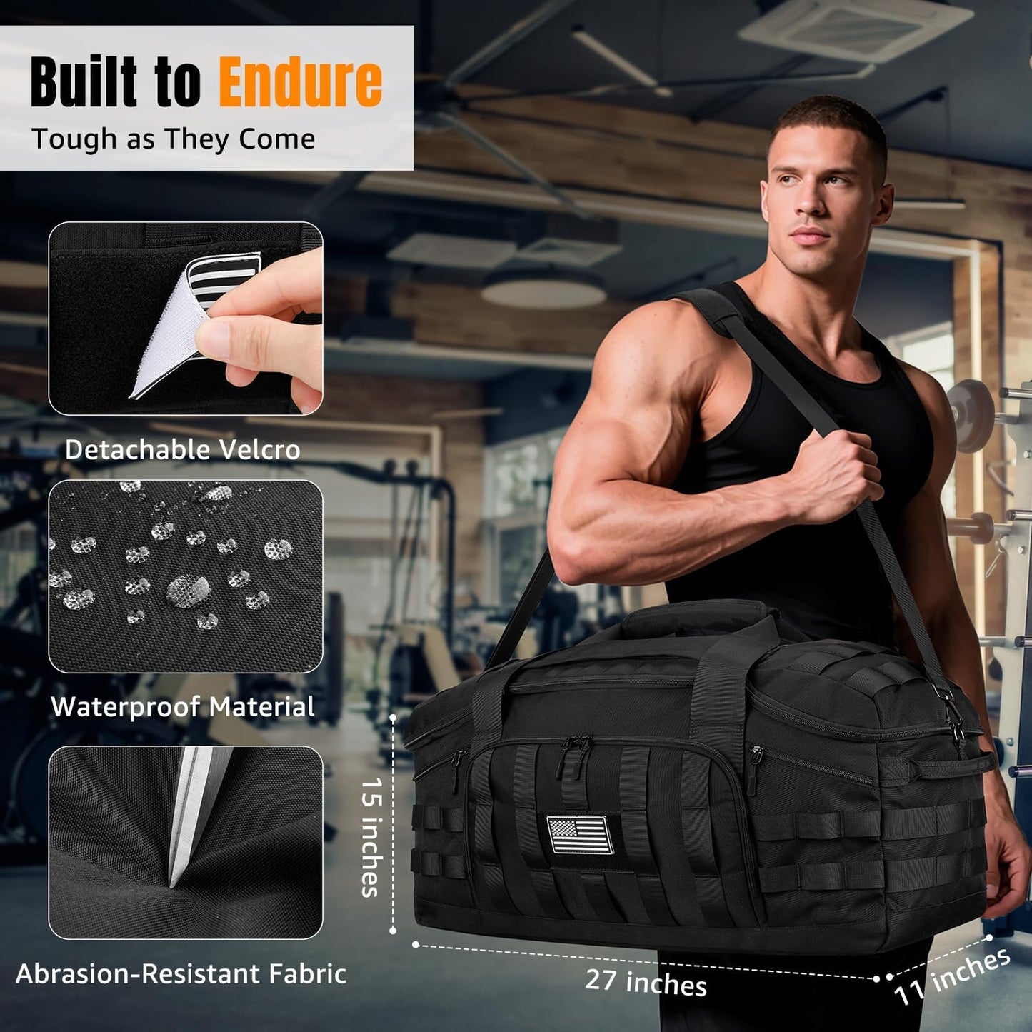 ETRONIK 75L Tactical Gym Bags for Men, Large Duffle Bag with Removable Dividers & Shoe Compartment, Waterproof Duffel Bag with Wet Pocket for Traveling, Heavy Duty Military Bag for Travel Sports Black