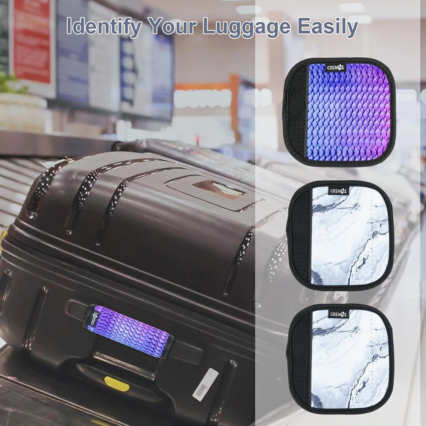 Cosmos 4 Pcs Luggage Handle Wraps Soft Neoprene Grip Handle Cover Detachable Luggage Identifier for Luggage Suitcase Travel Bag Trolley Case Travel Accessories (Pattern - 2 Scales + 2 Marble)