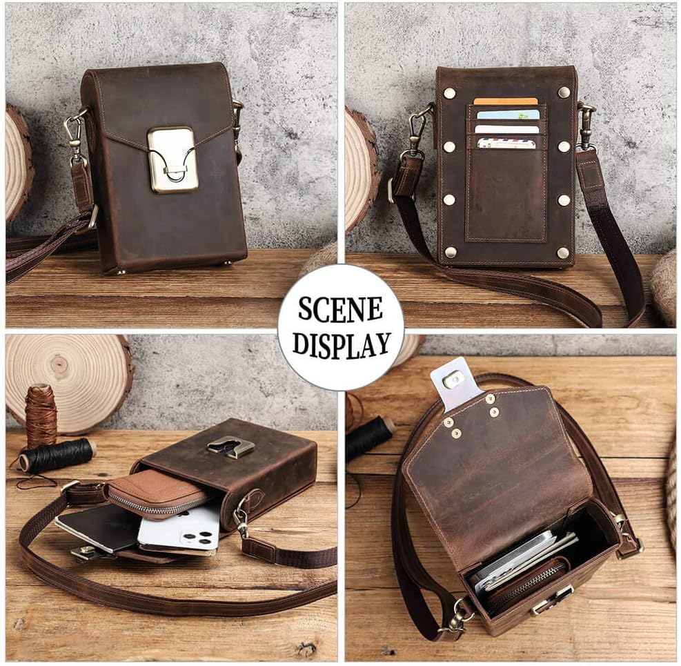 Hiram Genuine Leather Small Crossbody Bag for Men, Men's Crazy Horse Leather Phone Pouch, Small Messenger Bag for Men(Coffee)…
