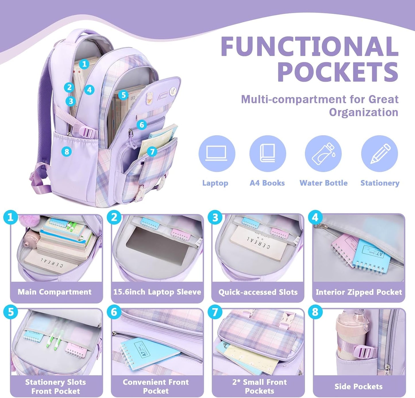 Girls Backpack for School, Kawaii Bookbag for Teen Multiple Pockets Kids Backpack for Primary