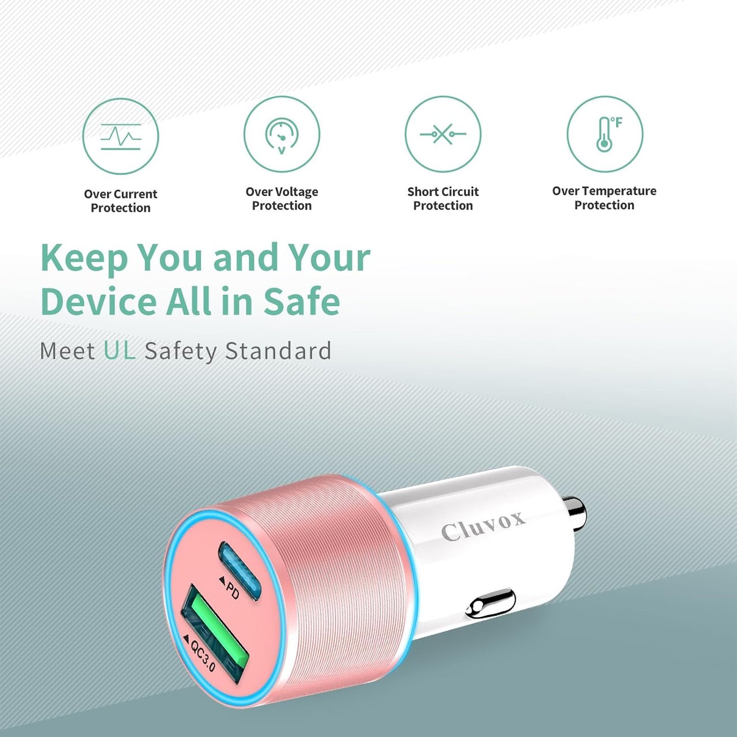 38W USB C Car Charger Adapter, 20W Fast USB-C & 18W Rapid QC3.0 Ports, 12V Cigarette Lighter Adapter for iPhone 17/16 /15, Google Pixel, Samsung, Android Phones Auto Accessories for Men - Pink