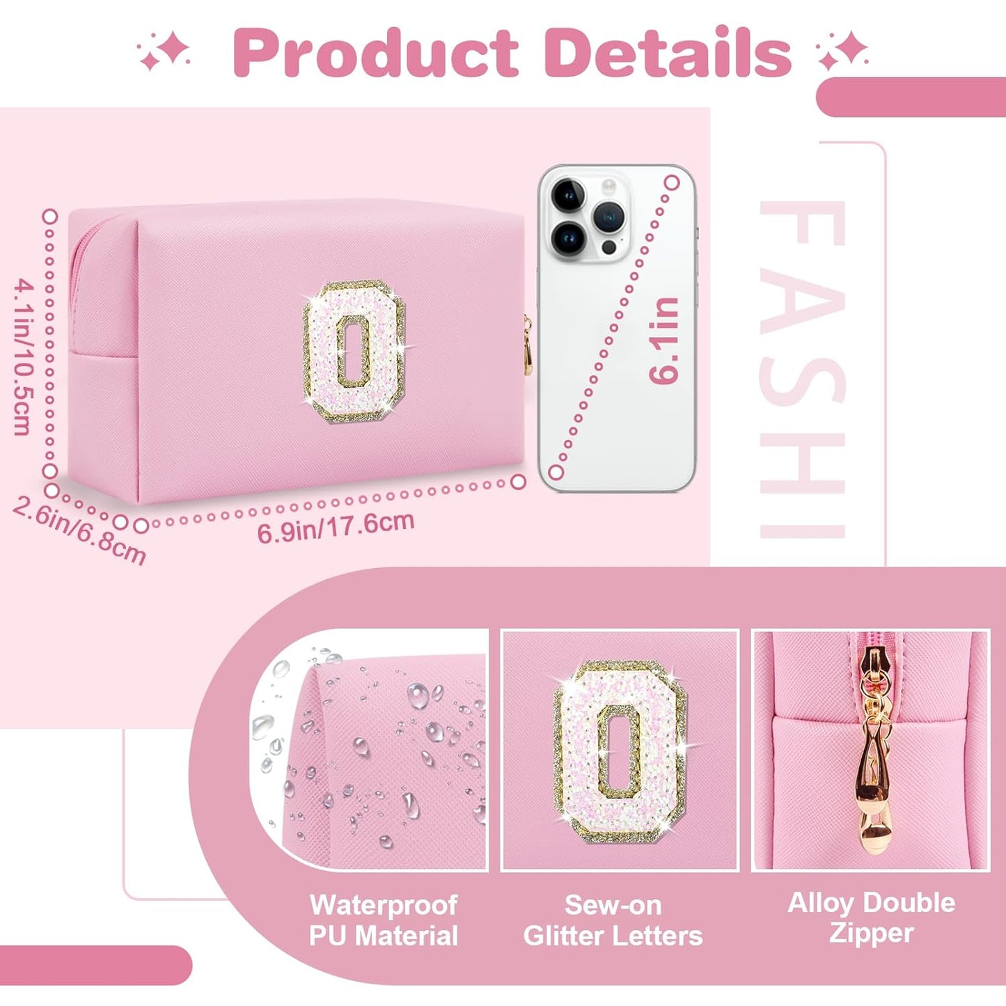Small Personalized Initial A-Z Patch Makeup Bag,Pink Cute PU Leather Glitter Letter Cosmetic Bag for Teen Girls,Travel Toiletry Bag with Zipper,Preppy Monogrammed Birthday Gift for Daughter Niece O