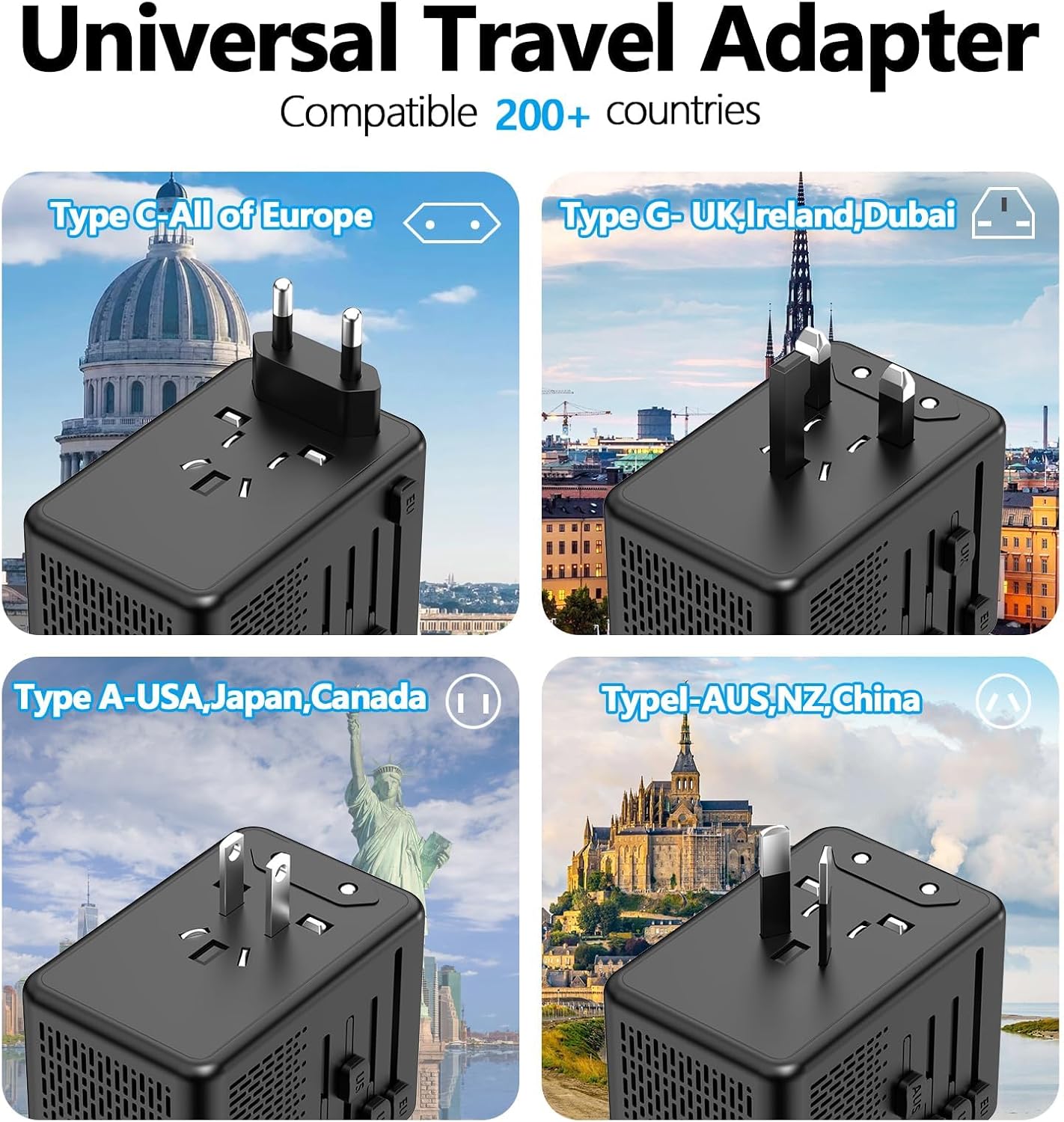 220V to 110V Voltage Converter US to Europe for Hair Dryer with Fast Charging 2 USB A 2 USB C, Power Converter Adapter Combo International Adapter C A I G (Black)