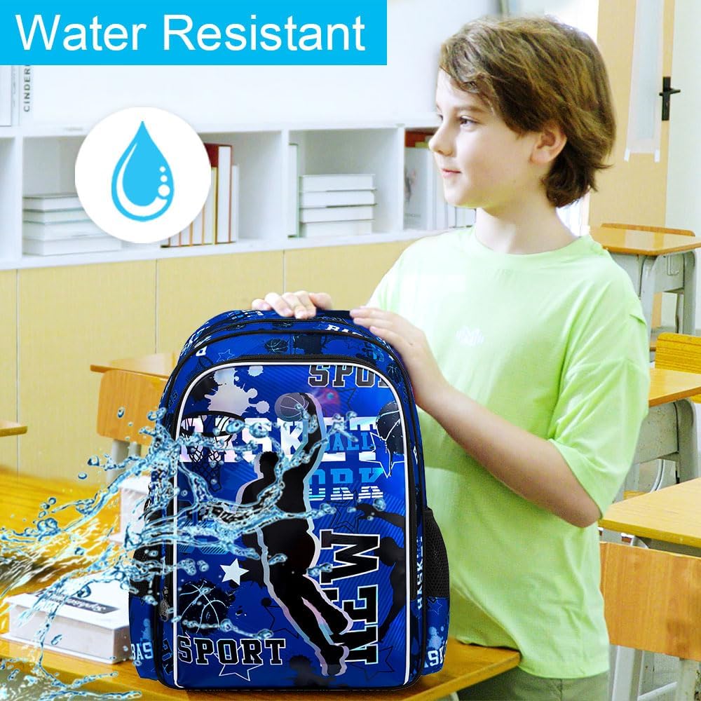 AGSDON 3PCS Boys Backpack, 17" Basketball Kids Bookbag with Lunch Box, Backpacks with Water Resistant and Lightweight for Teenagers