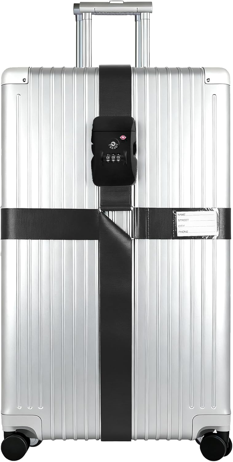 Luggage Straps, TSA Approved Black Heavy Duty Suitcase Belt with Combination Lock, Adjustable Cross Strap for Checked and Carry-On Bags, Includes ID Name Tags (1-Pack)