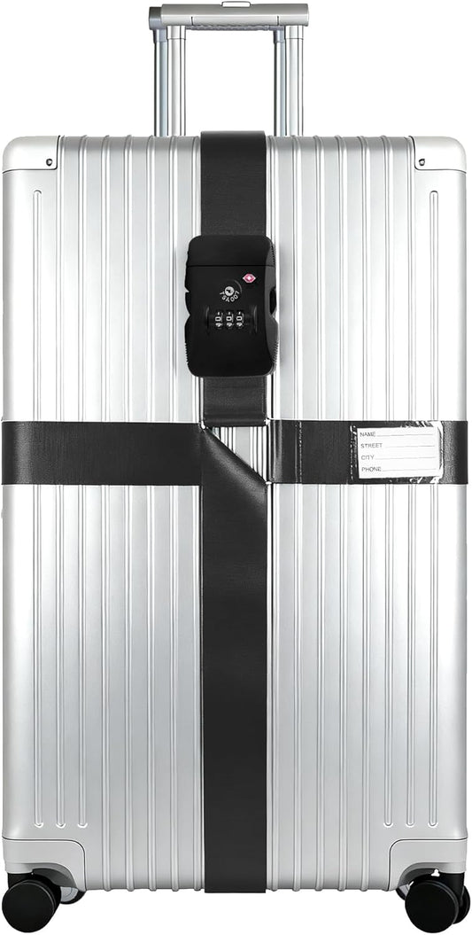 Luggage Straps, TSA Approved Black Heavy Duty Suitcase Belt with Combination Lock, Adjustable Cross Strap for Checked and Carry-On Bags, Includes ID Name Tags (1-Pack)