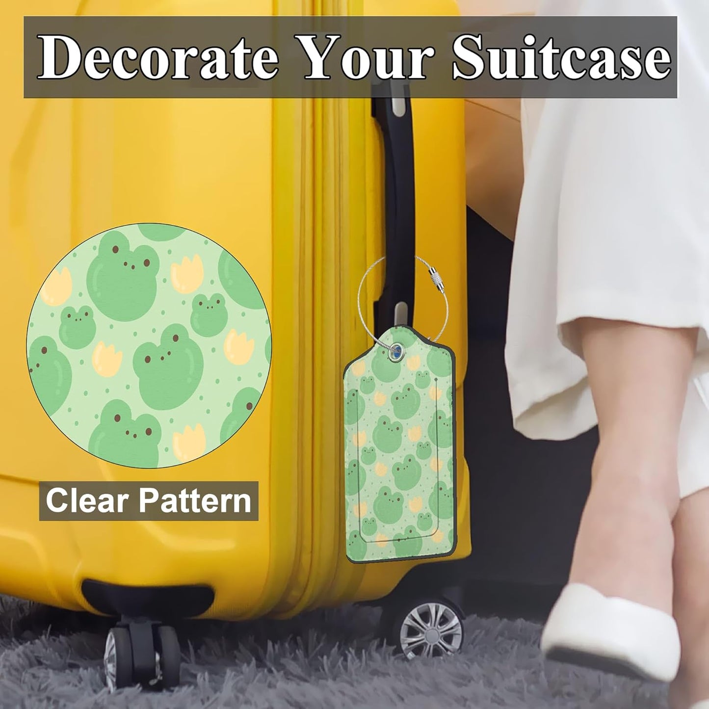 Cute Frog 2 Pack PU Leather Luggage Tags for Suitcase, Kawaii Frog in Sitting Pose Travel Tag with Privacy Flap, Name ID Label and Metal Loop for Women Men Baggage Bag