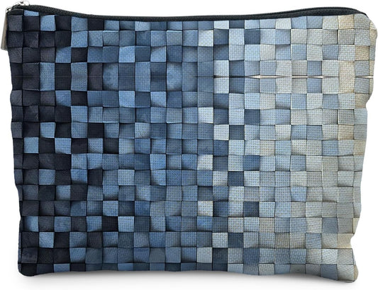 Modern Blue Checkered Makeup Bag, Blue and White Mosaic Checkered Cosmetic Bags for Women, Trendy Preppy Zipper Makeup Pouch