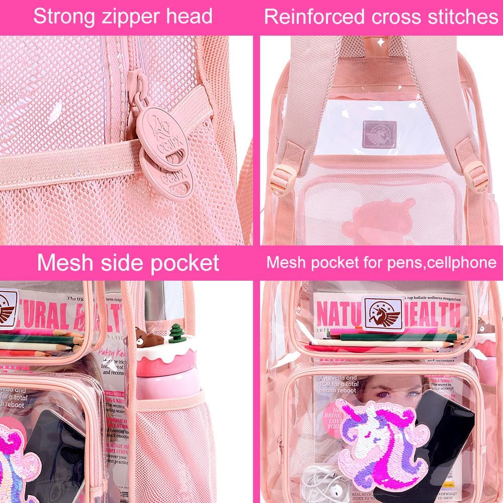 Clear Backpack for Girls and Boys, Kids Transparent Bookbag, 3PCS Cute See Through School Bag for Elementary Prechool