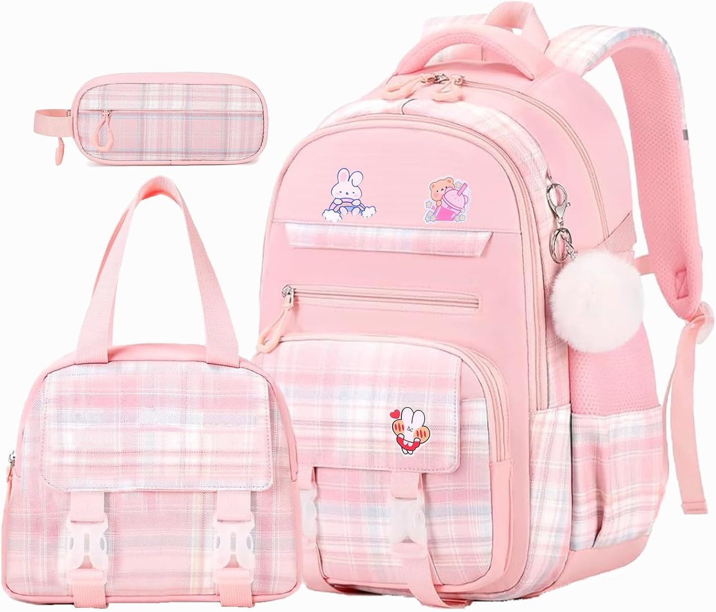Cute Girls Backpack, 3PCS Cute Kids School Bag, 16.8 Inch Kindergarten Primary Backpack with Lunch Box Pencil Case Set（Pink）