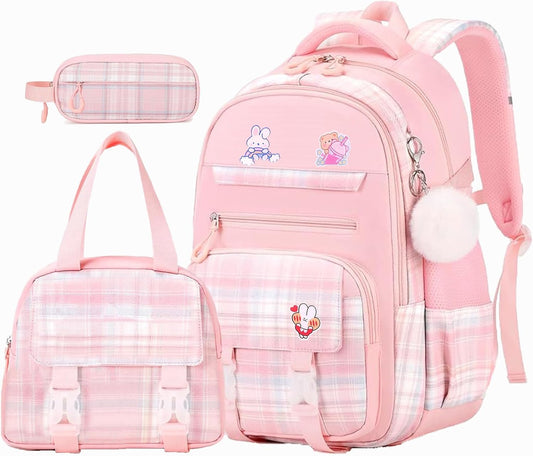 Cute Girls Backpack, 3PCS Cute Kids School Bag, 16.8 Inch Kindergarten Primary Backpack with Lunch Box Pencil Case Set（Pink）