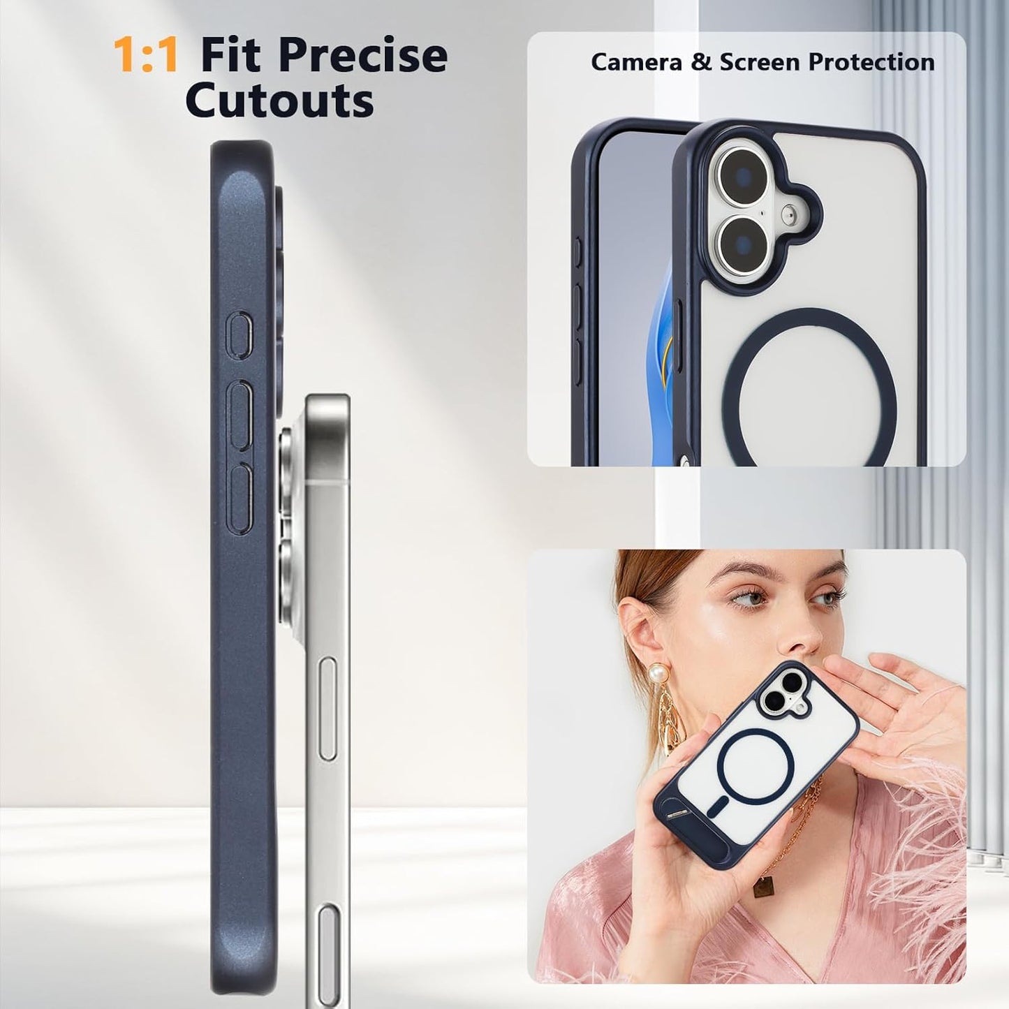Tikoo Strong Magnetic for iPhone 16 Case with Magsafe and Built-in Invisible Kickstand Slim Translucent Matte Military Grade Protective Phone Case for iPhone 16 6.1”