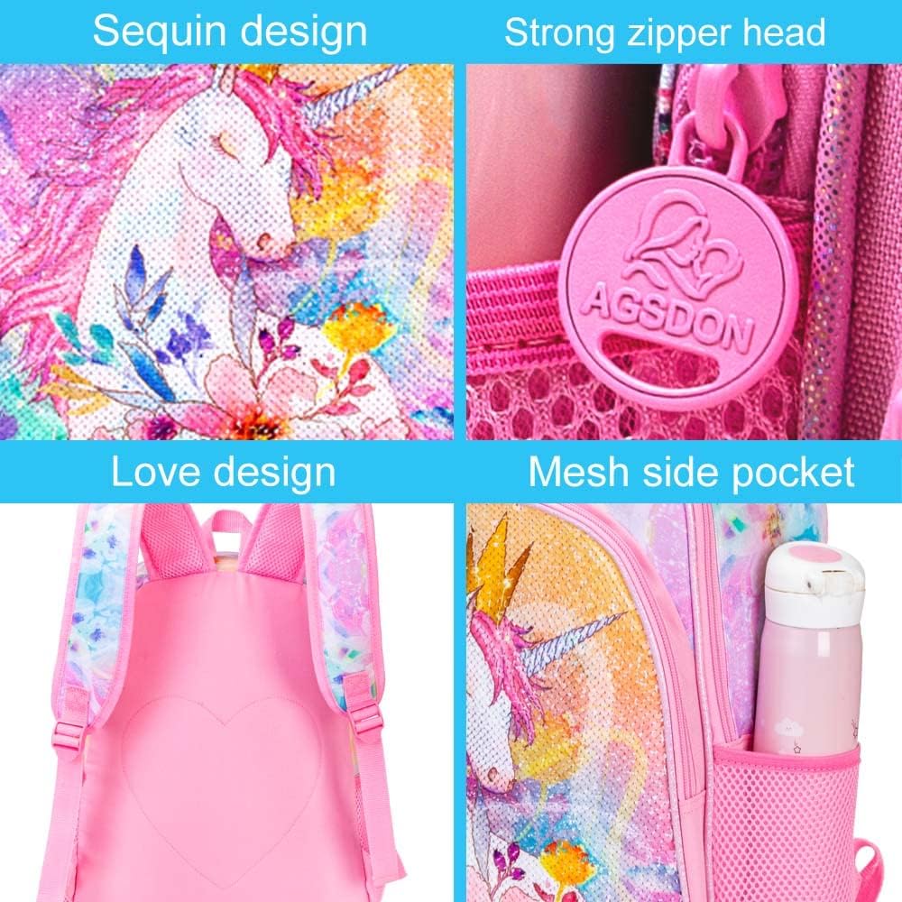 CCJPX 3PCS Unicorn Backpack for Girls, 16”Kids Preschool Sequin Bookbag and Lunch Box for