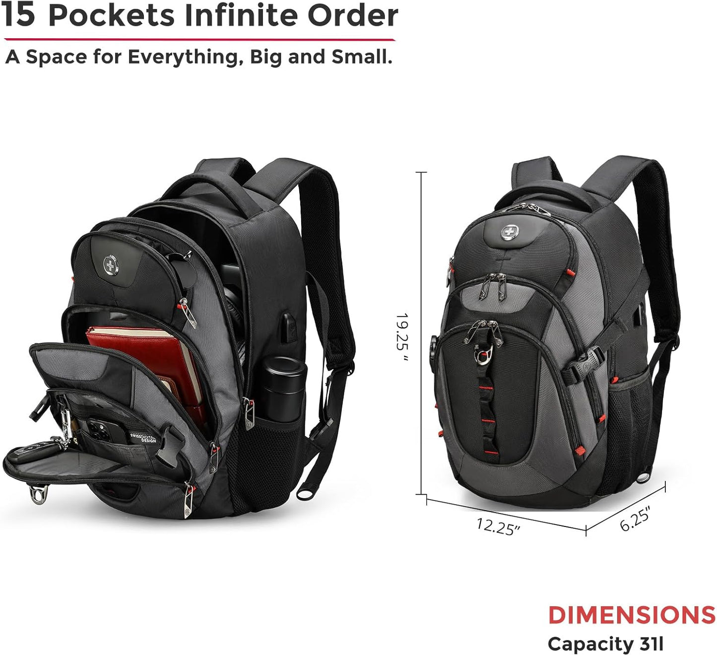 Swissdigital Design Laptop Backpack with USB Charging Port, Travel Backpack Fits 15.6 inches Computer, 31L College School Backpack for Men, Black/Grey | SD803