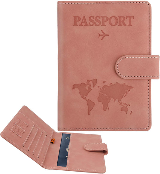 Passport Holder for Travel, Passport Cover Wallet, Premium PU Leather Passport Book Card Holder Case for Women Men, Waterproof RFID Blocking Flying Travelling Essentials Vacation Must Haves, Pink
