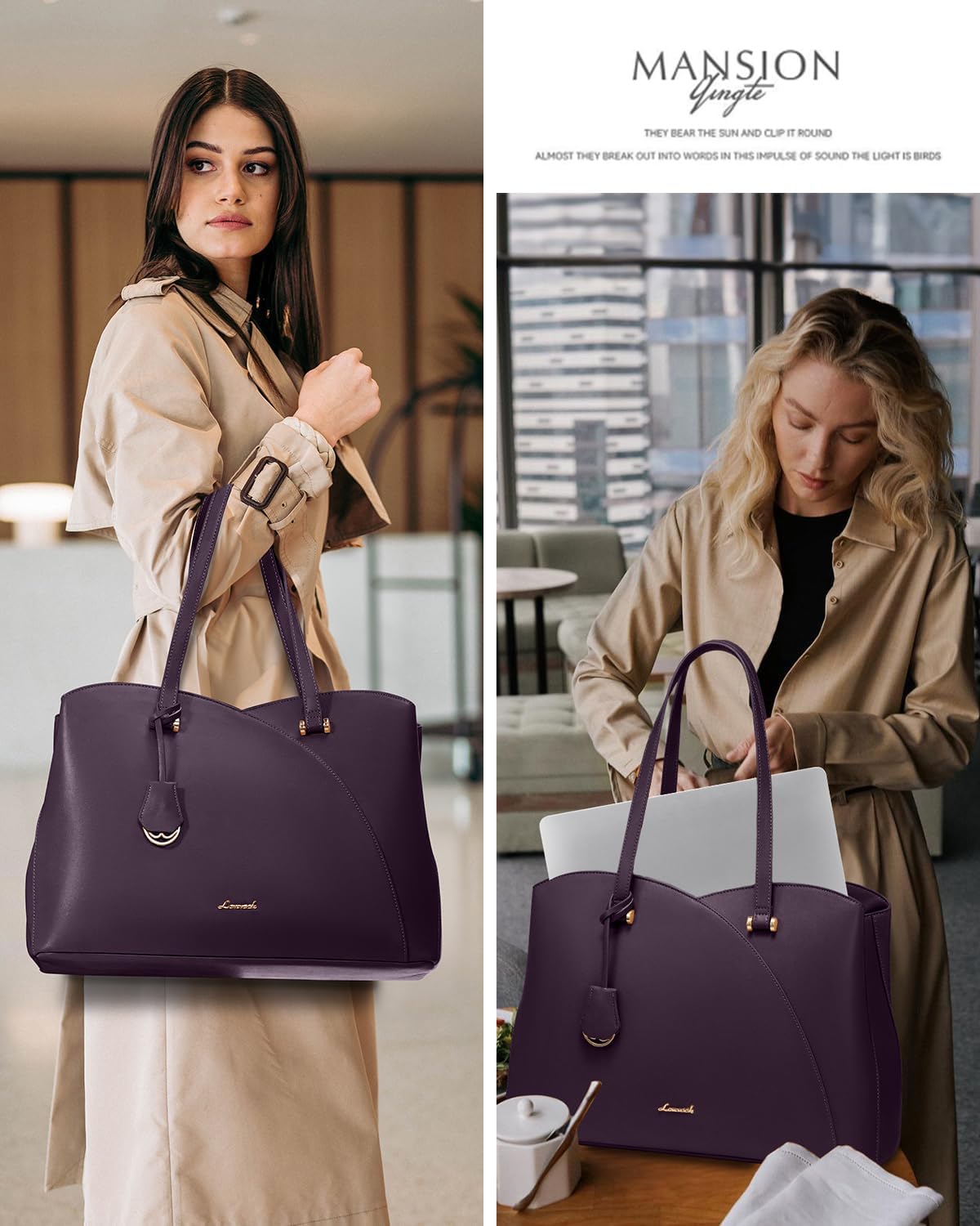 LOVEVOOK 17.3 Inch Laptop Tote Bag for Women, Teacher Work Tote Bags Laptop Bag, Leather Computer Bag Large Purses Handbag Professional Briefcase, Purple