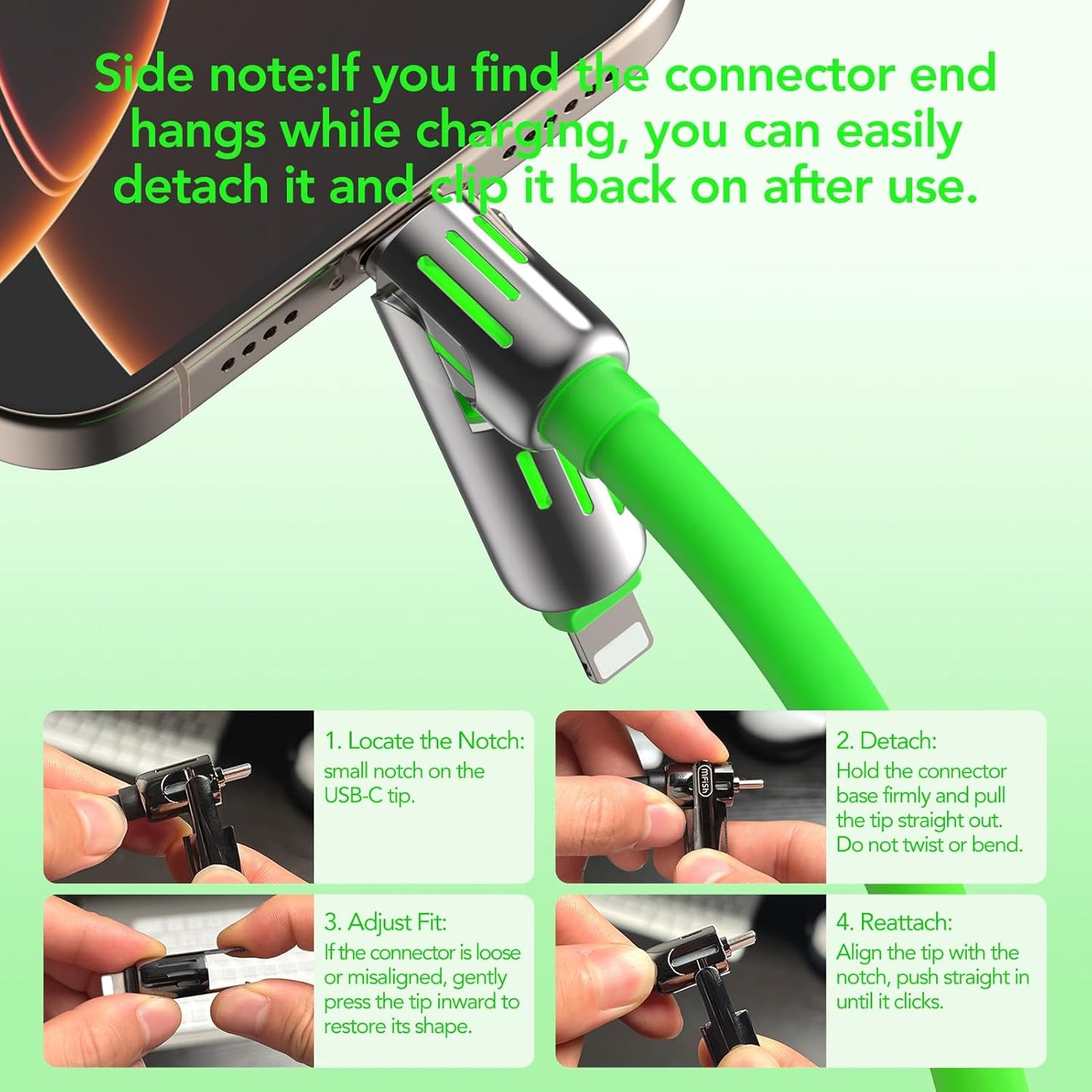 MFish 4-in-1 Universal USB Charging Cable with Carrying Case – 240W Max Fast Charger Cord, USB-A, Dual USB-C & Lighting, for iPhone 14/15/16/17 Series, iPad & MacBook and More (Green, 6.6Ft)