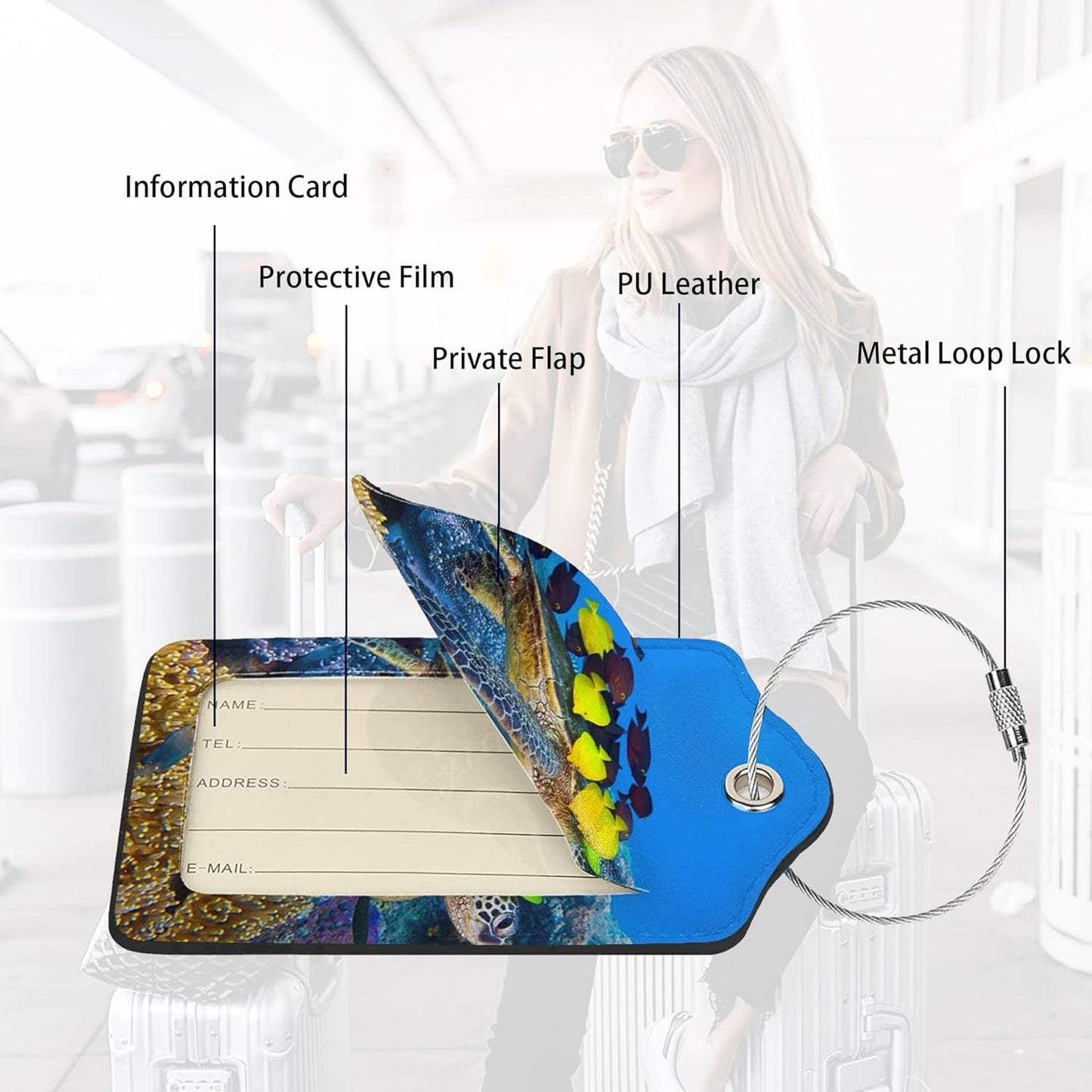 2 Pcs Luggage Tag for Suitcase Sea Turtle Cute Unique Leather Luggage Tags Identifiers Privacy Cover Id Label with Stainless Steel Loop for Women Men Boys Girls Travel(sea Turtle)