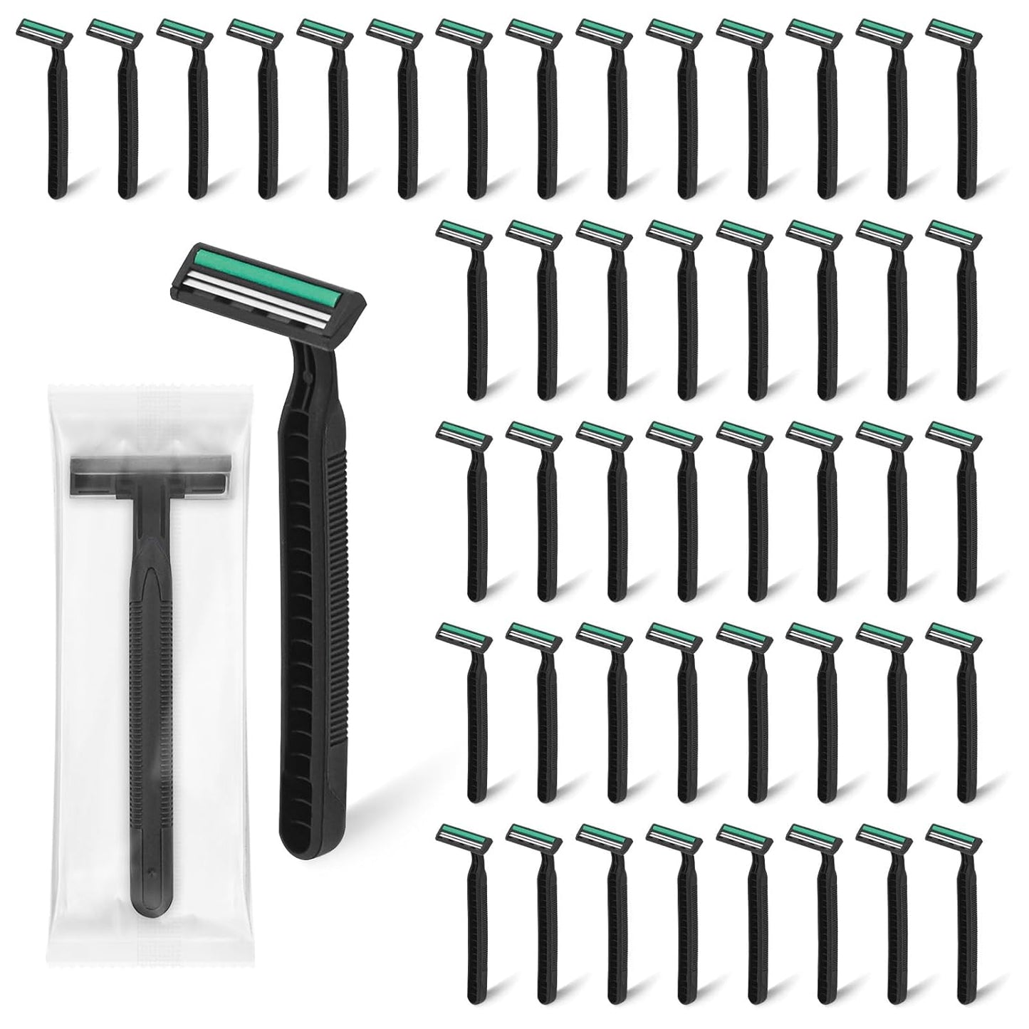 Disposable Twin Blade Razors in Bulk, Individually Wrapped - Clear Safety Cap, For Homeless, Hotel, Airbnb, Travel (pack of 50,black)