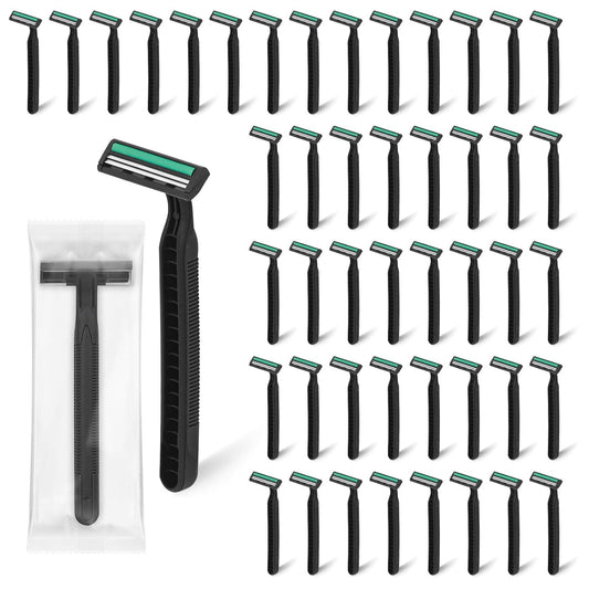 Disposable Twin Blade Razors in Bulk, Individually Wrapped - Clear Safety Cap, For Homeless, Hotel, Airbnb, Travel (pack of 50,black)