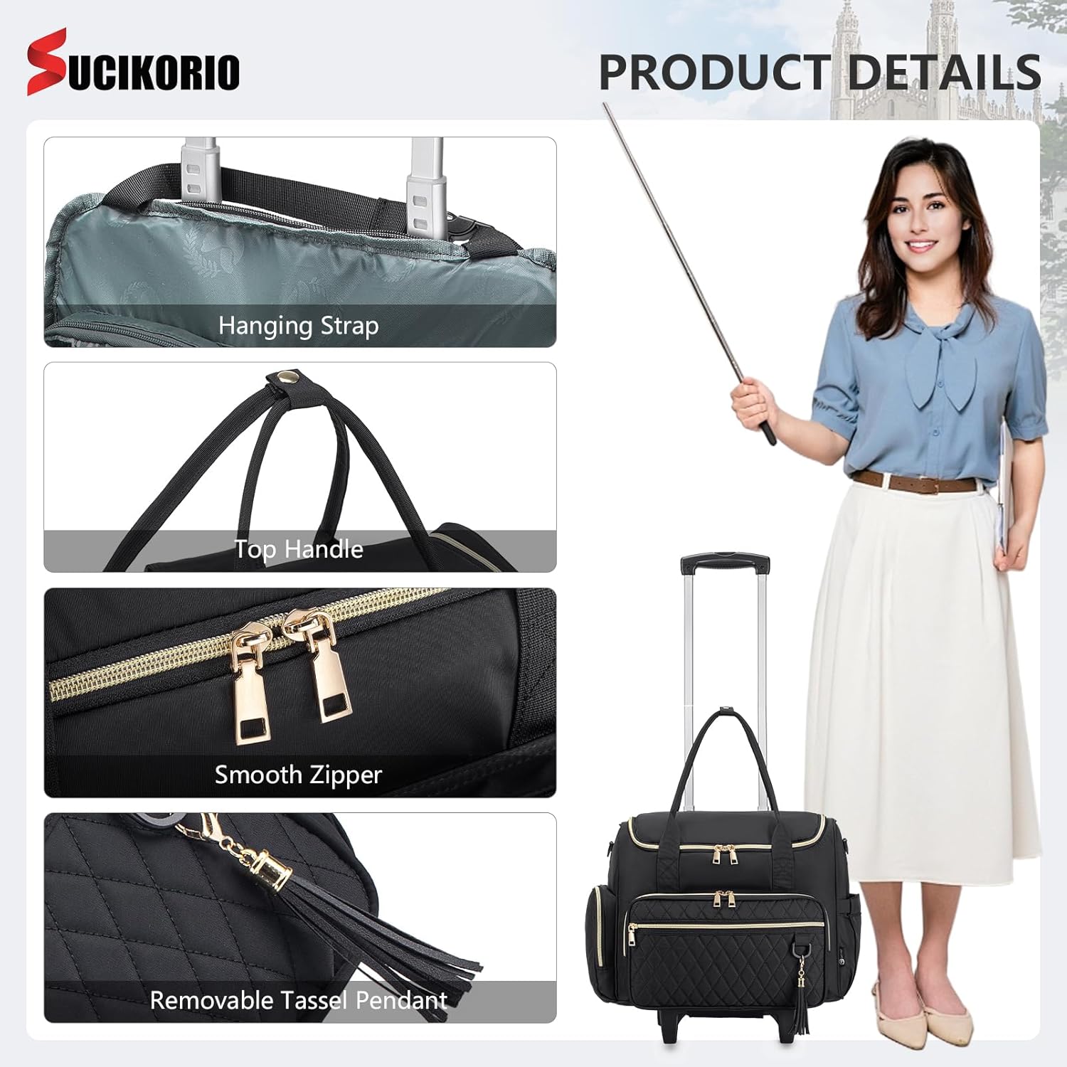 Rolling Laptop Bag 17.3 Inch 3 IN 1 Rolling Briefcase for Women Waterproof Teacher Tote Bag With