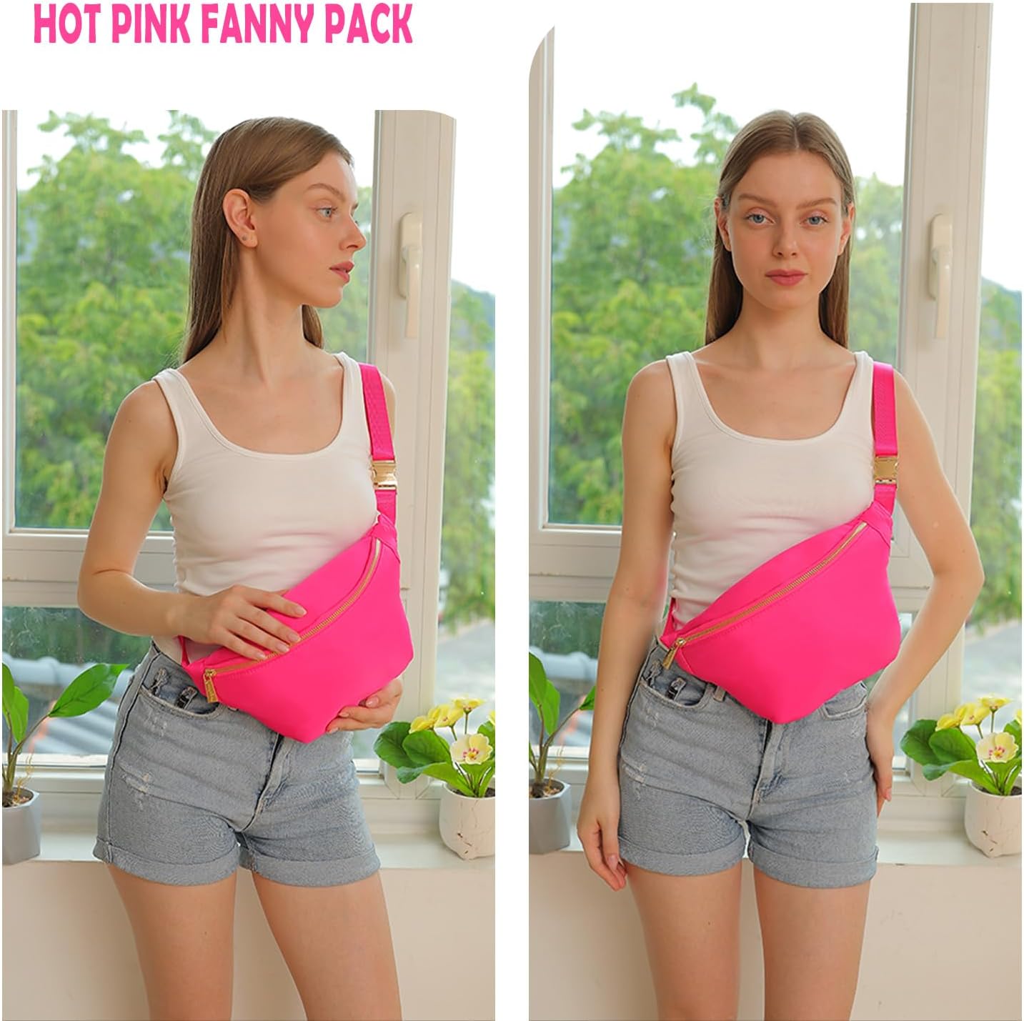 Waist Fanny Pack Women Belt Bag Nylon Travel Crossbody Sling Bag (HotPink)