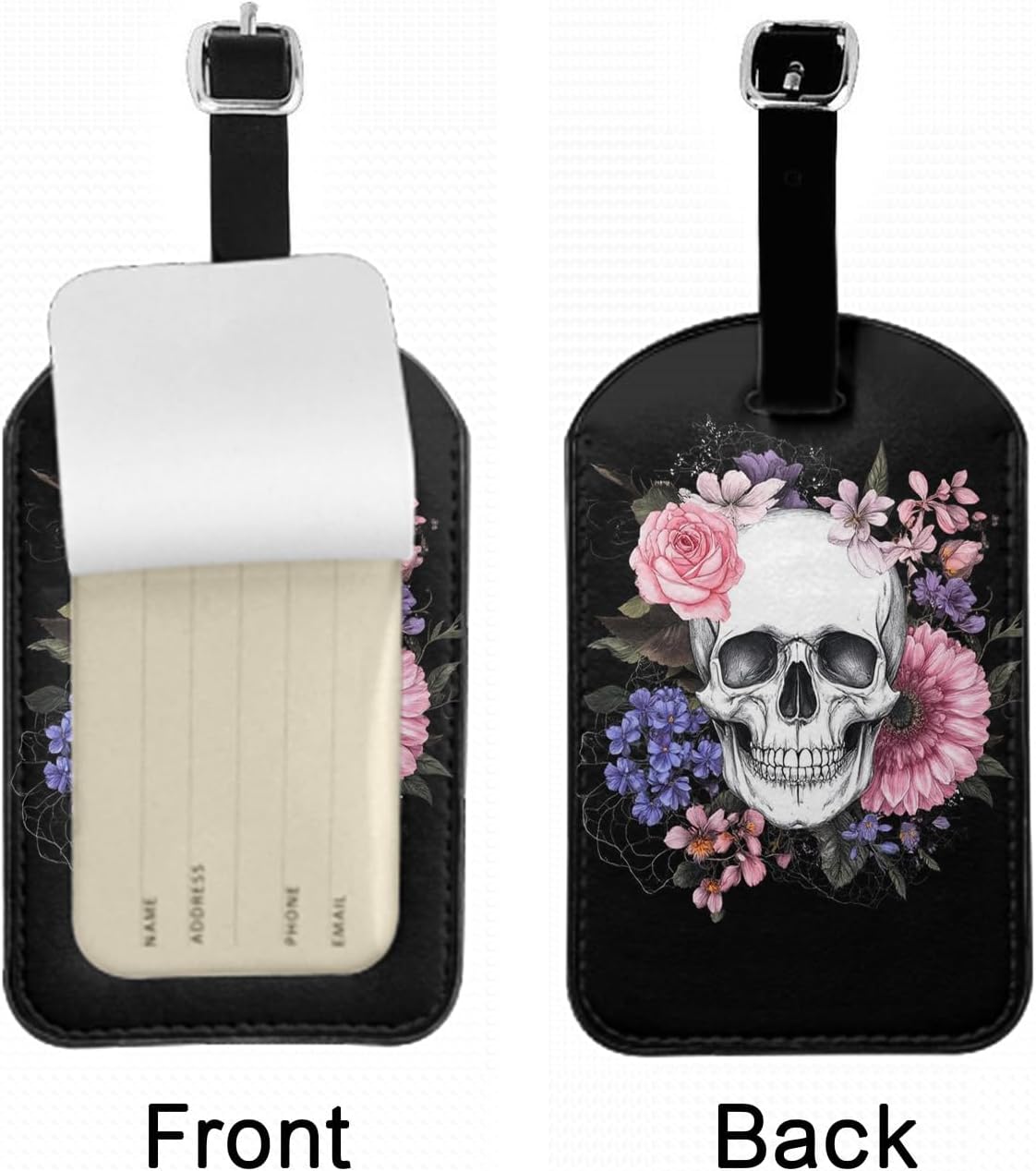 Skull and Flowers Leather Luggage Bag Case Tags Day of The Dead Horrible Baggage Suitcase Labels Name Tags Travel Accessories for Adult Women Men, 1 Pack Black