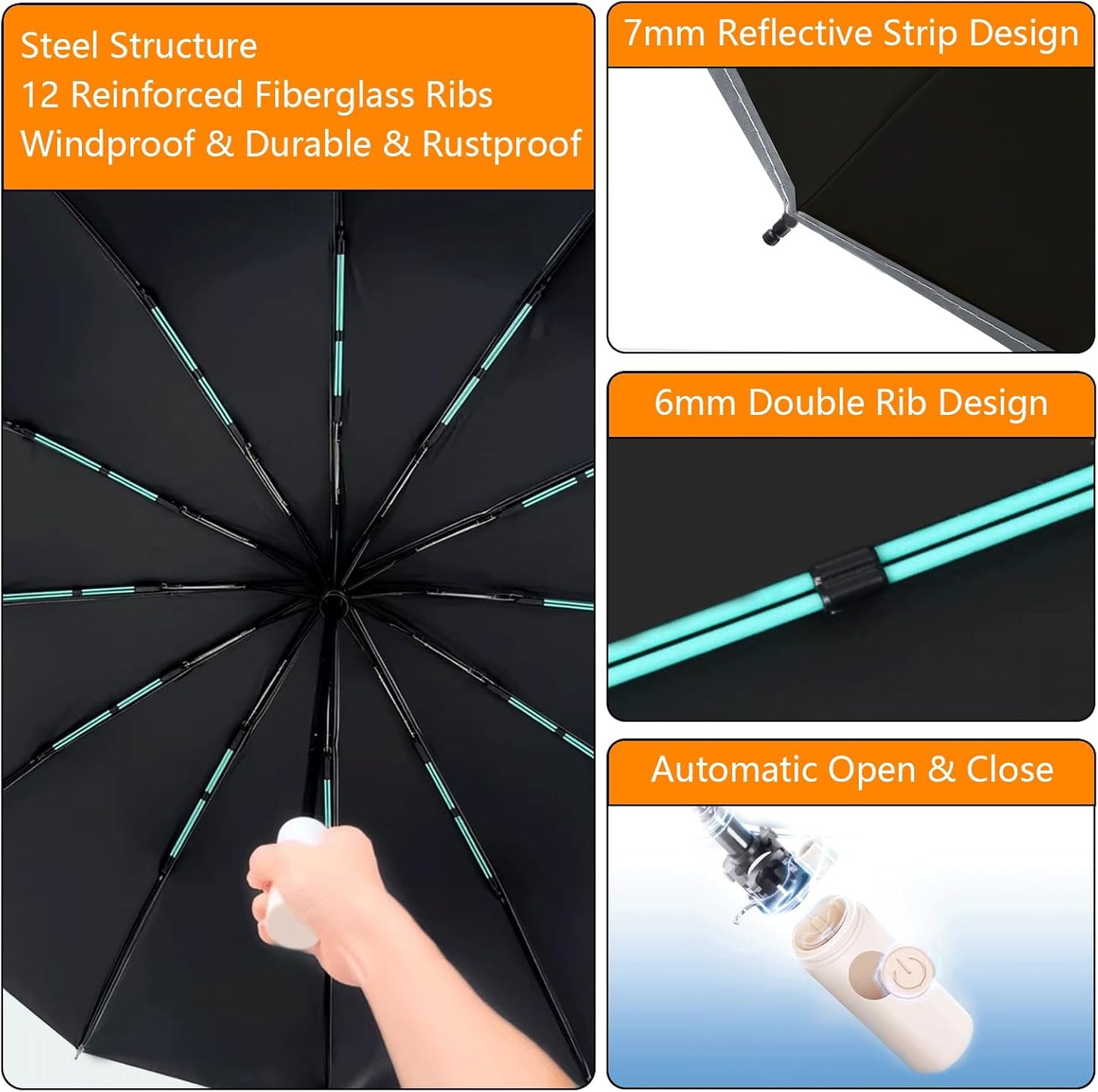 Large Double-Ribs Umbrella Automatic Folding Umbrella for Women Men, Travel, UPF 50+ UV Protection,46-Inch, 12 Ribs, Light Green
