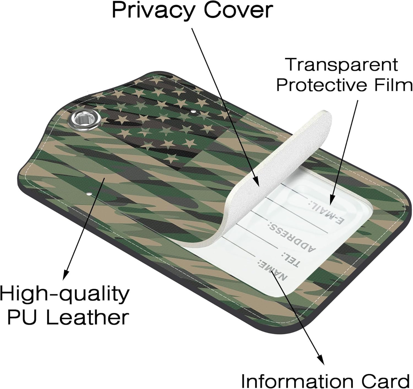 2 Pack Luggage Tags for Suitcase,Camo USA Flag PU Leather Idea Baggage Tag with Name Labels Privacy Cover Metal Ring Men and Women Travel Cruise Labels