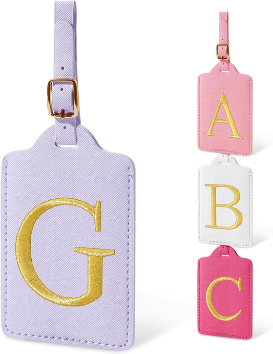 Initial Luggage Tags for Suitcases, Cute Embroidered Letter Luggage Bag Suitcase Identifier Name Baggage Tag, PU Leather Travel Luggage Tags, Bag Tags for Men Women Kids Luggage Handbags(Purple G)
