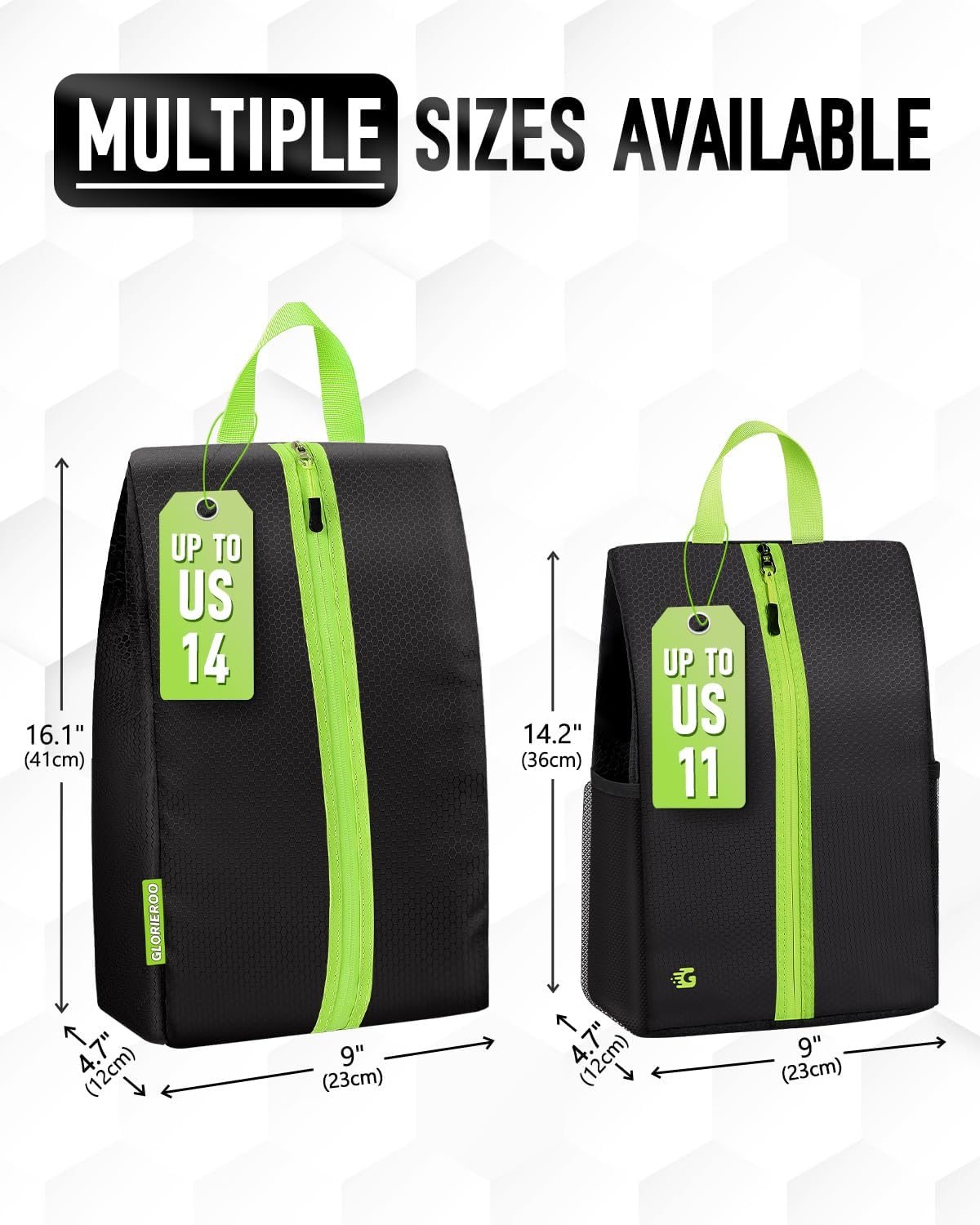 Smell Proof Shoe Bags for Travel-Soccer Cleat Bag Smell Proof with Active Carbon Fabric | Odor-Absorbing Water-Resistant Track Shoe bags for Sports (Black with Green, UP TO US11)
