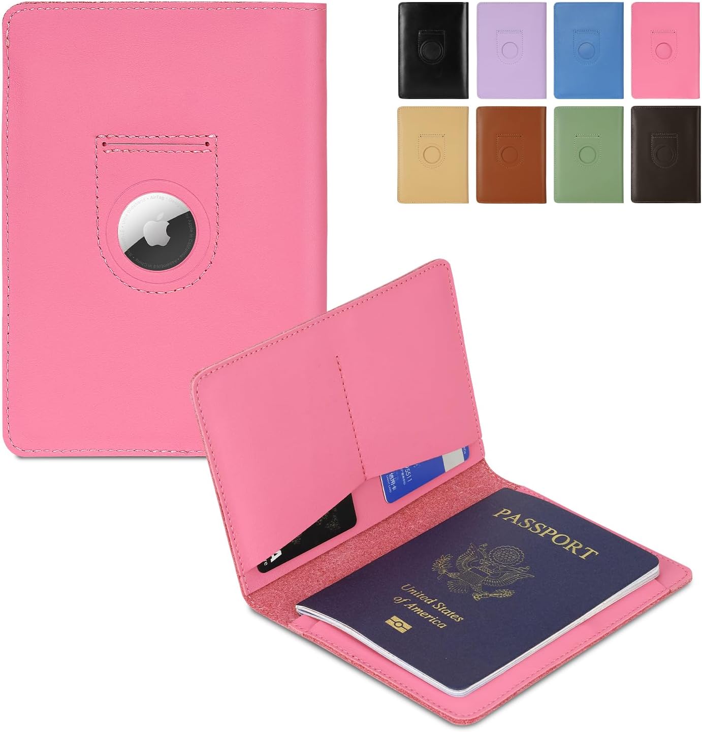 Full Grain Leather AirTag Passport Holder Wallet Cover for Men and Women Travel, Passport Holder with AirTag Slot Passport Wallet, Travel Essentials Genuine Leather Passport Cover Gifts (Pink)