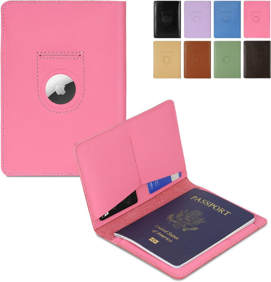 Full Grain Leather AirTag Passport Holder Wallet Cover for Men and Women Travel, Passport Holder with AirTag Slot Passport Wallet, Travel Essentials Genuine Leather Passport Cover Gifts (Pink)