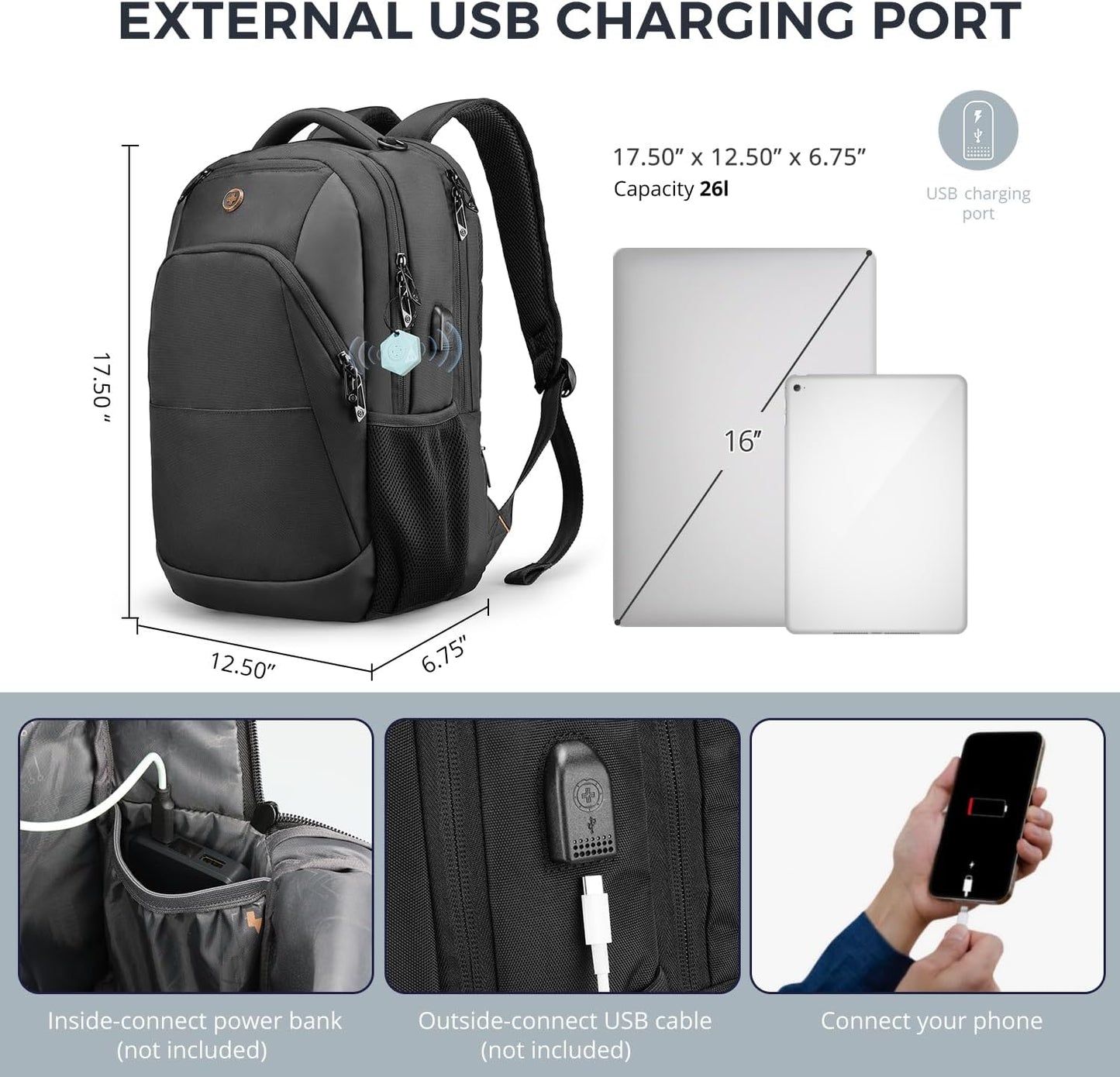Swissdigital Design Business Laptop Backpack, College Laptops Backpack with USB Charging Port for Men and Women Fits 16 Inch Notebook, Black | ANDWIL
