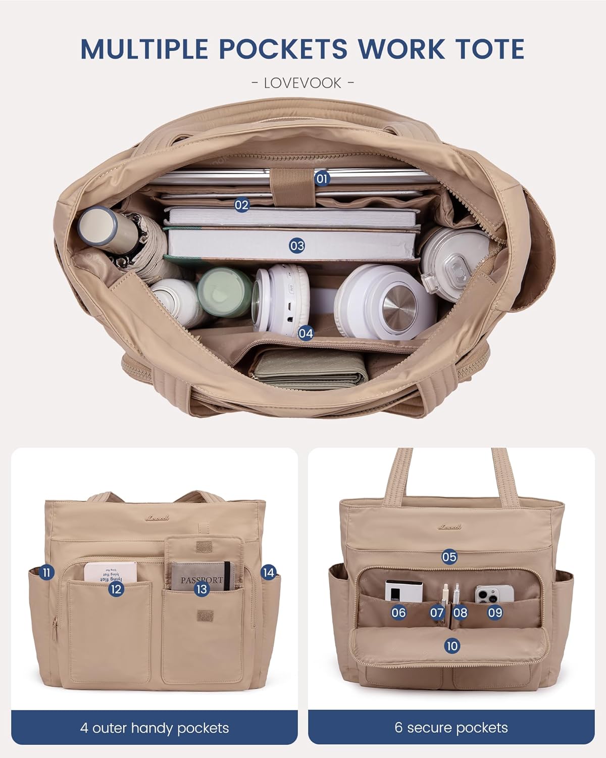 LOVEVOOK Tote Bag for Women,Light Puffer Tote Bag with Multi-pockets,Stylish Carry on Laptop Bags for Daily,Travel,Work,Gym