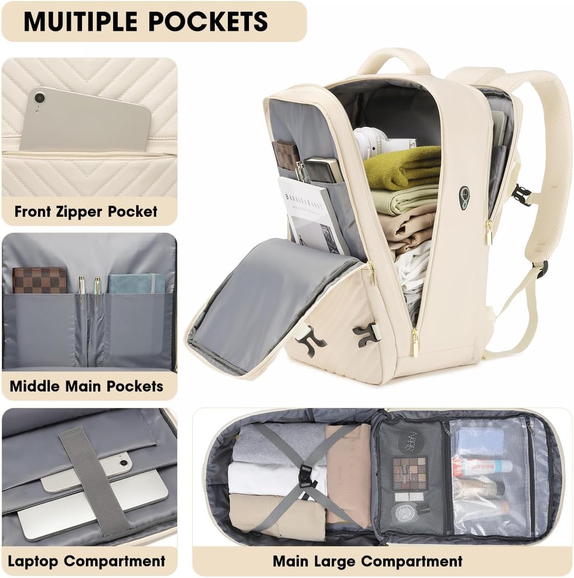 Large Carry On Travel Backpack - Flight Approved Waterproof Luggage Suitcase Backpacks Personal Item Size for Women Men Fit 17 Inch Laptop College Overnight Bag Anti-Theft Weekender Daypack Beige