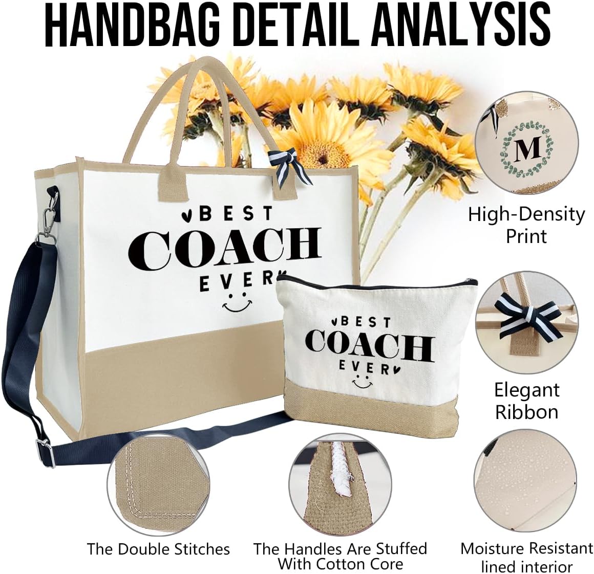 SUSZDOU Gifts for Best Coach Ever - Canvas Beach Tote Bag with Matching Makeup Pouch, Durable Travel Gym Camping Bag, Thank You Gift for Sports Coach, Female Trainers Gifts for Women F1