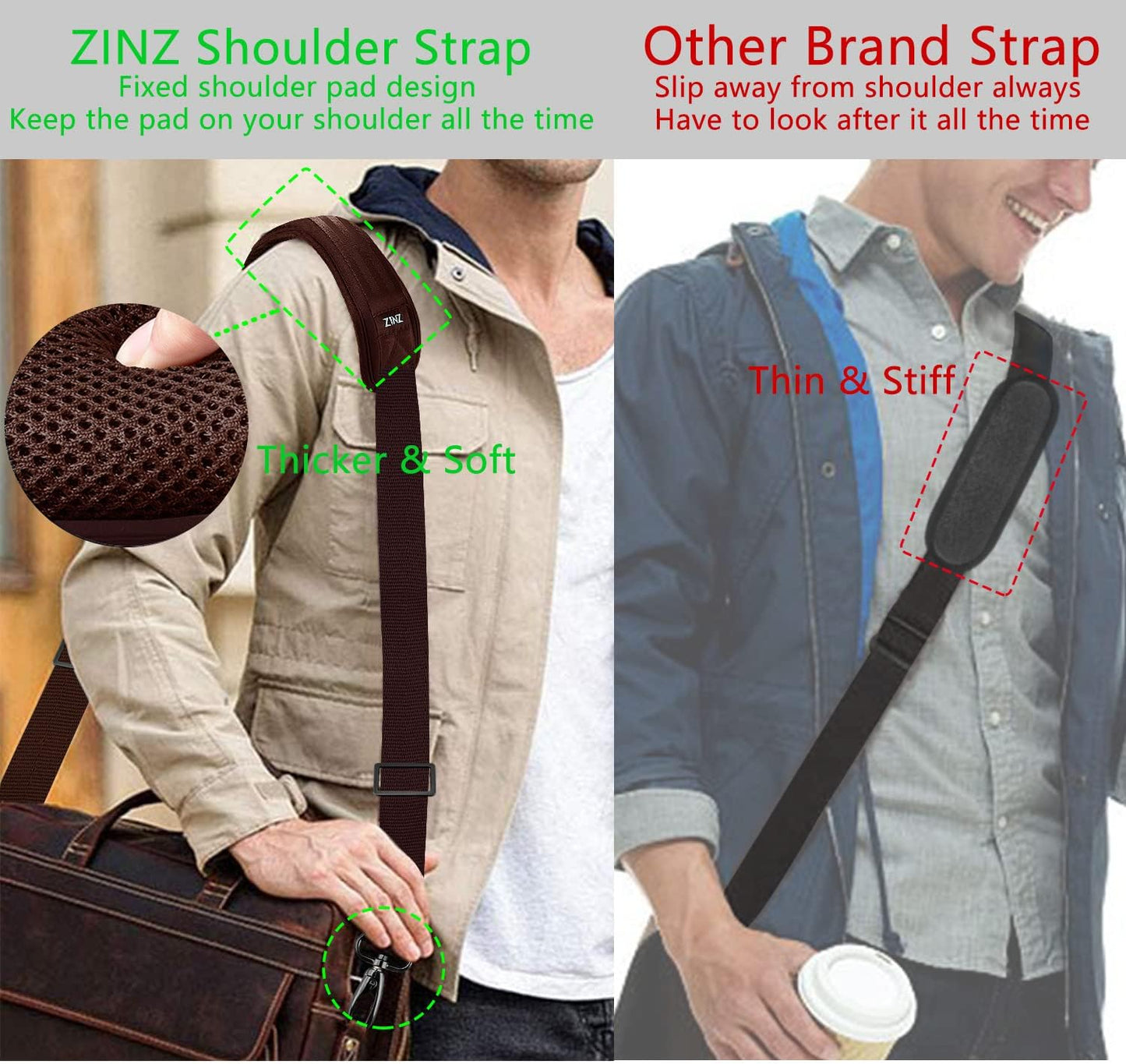 ZINZ 79 inch Shoulder Strap, Extra-thick Fixed Cushion Pad and Dual Clasps Universal Replacement Strap with Metal Swivel Hooks for Laptop Bags, Luggage Bags, Camera, Crossbody (200cm,Brown)