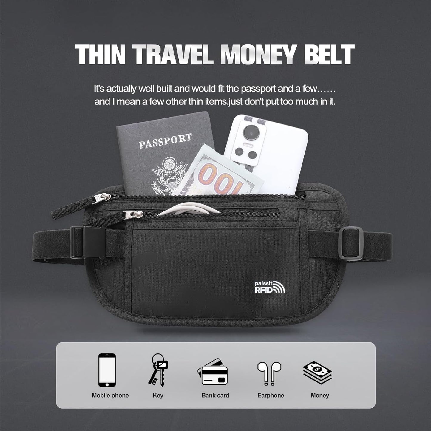 Small Unisex Money Belt For Men and Women, Slim Passport Holder RFID Blocking Travel Essentials Pouch with Adjustable Strap Small Waist Pouch for Workout Running Travelling Hiking, Black & 8 Sleeves