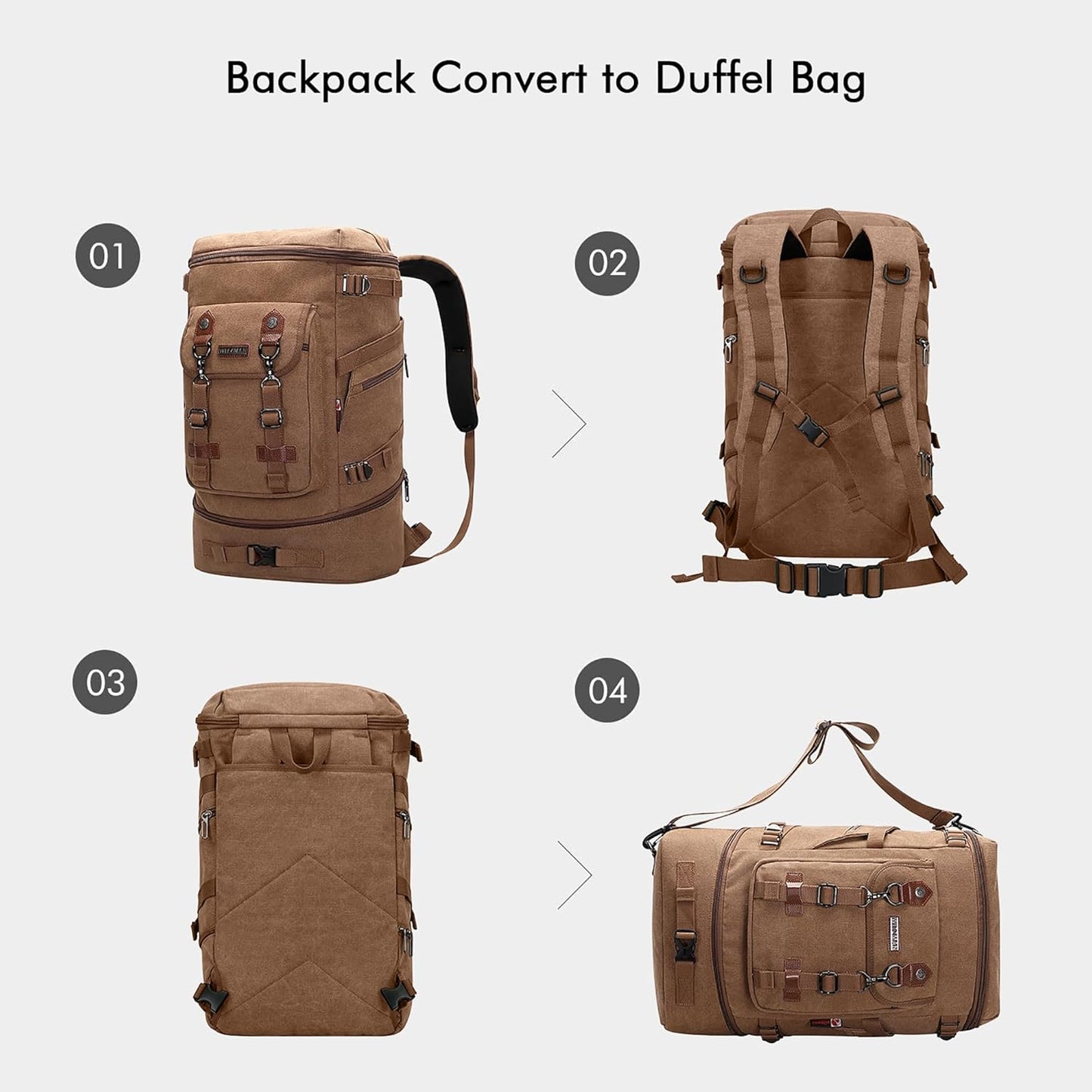 WITZMAN Travel Backpack for Men Women Canvas Backpack Carry on Luggage Rucksack Convertible Duffel Bag Large (A568 Brown)