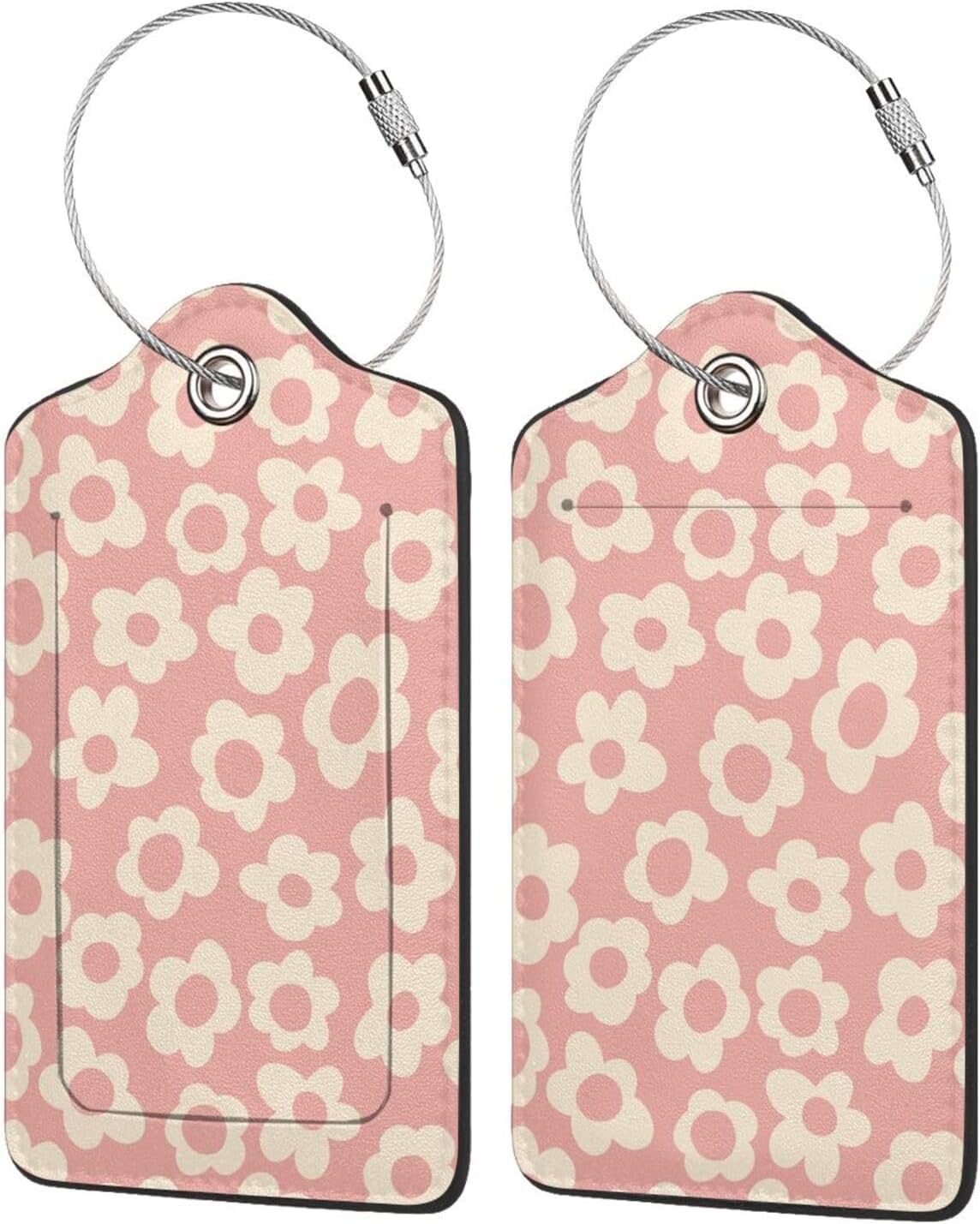 2 Pack Luggage Tag for Suitcase, Cute Leather Suitcase Tags Identifiers with Privacy Name Address Labels Durable Steel Loop for Women Men Girl Travel (Cute Pink Flower)